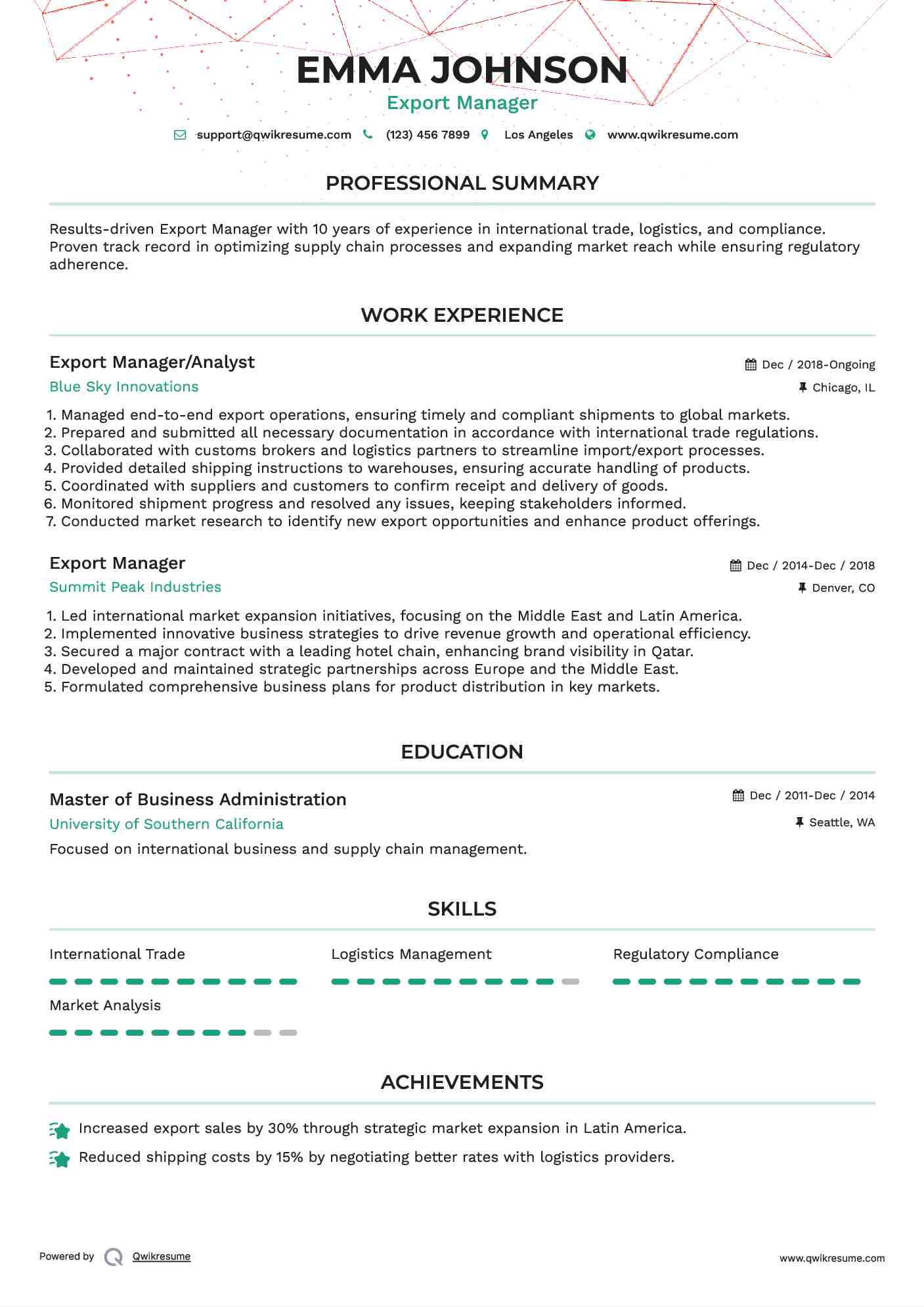 Export Manager/Analyst Resume Format