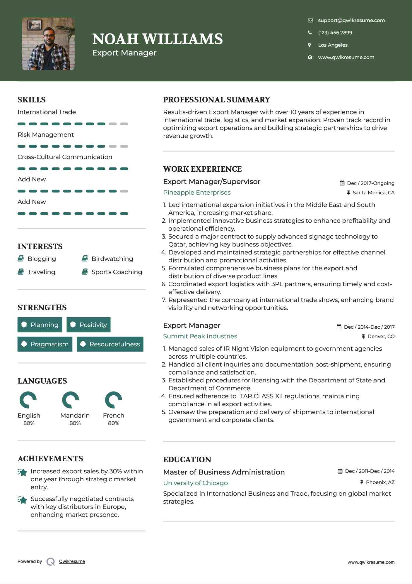 Export Manager/Supervisor Resume Sample