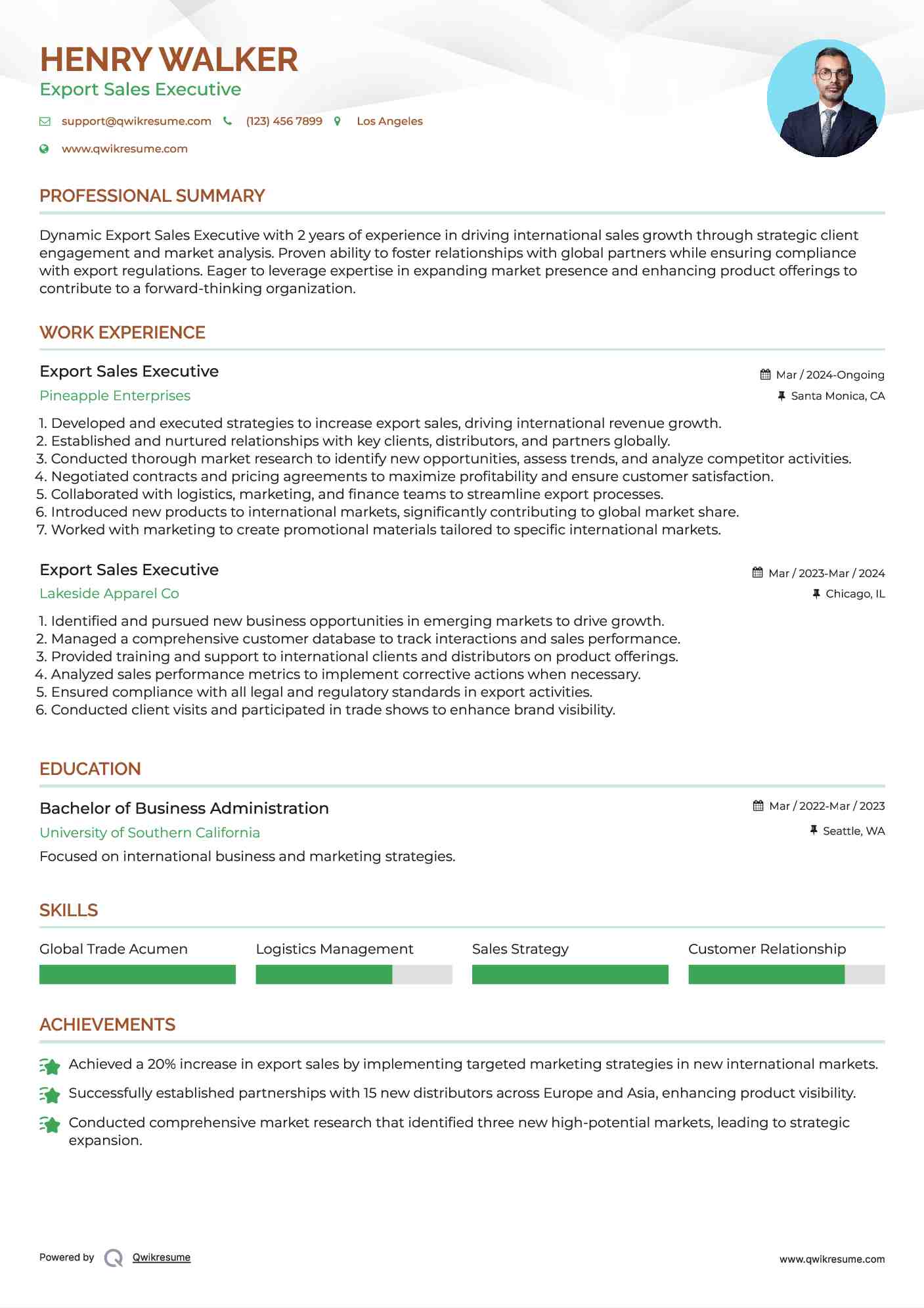 Export Sales Executive Resume Example