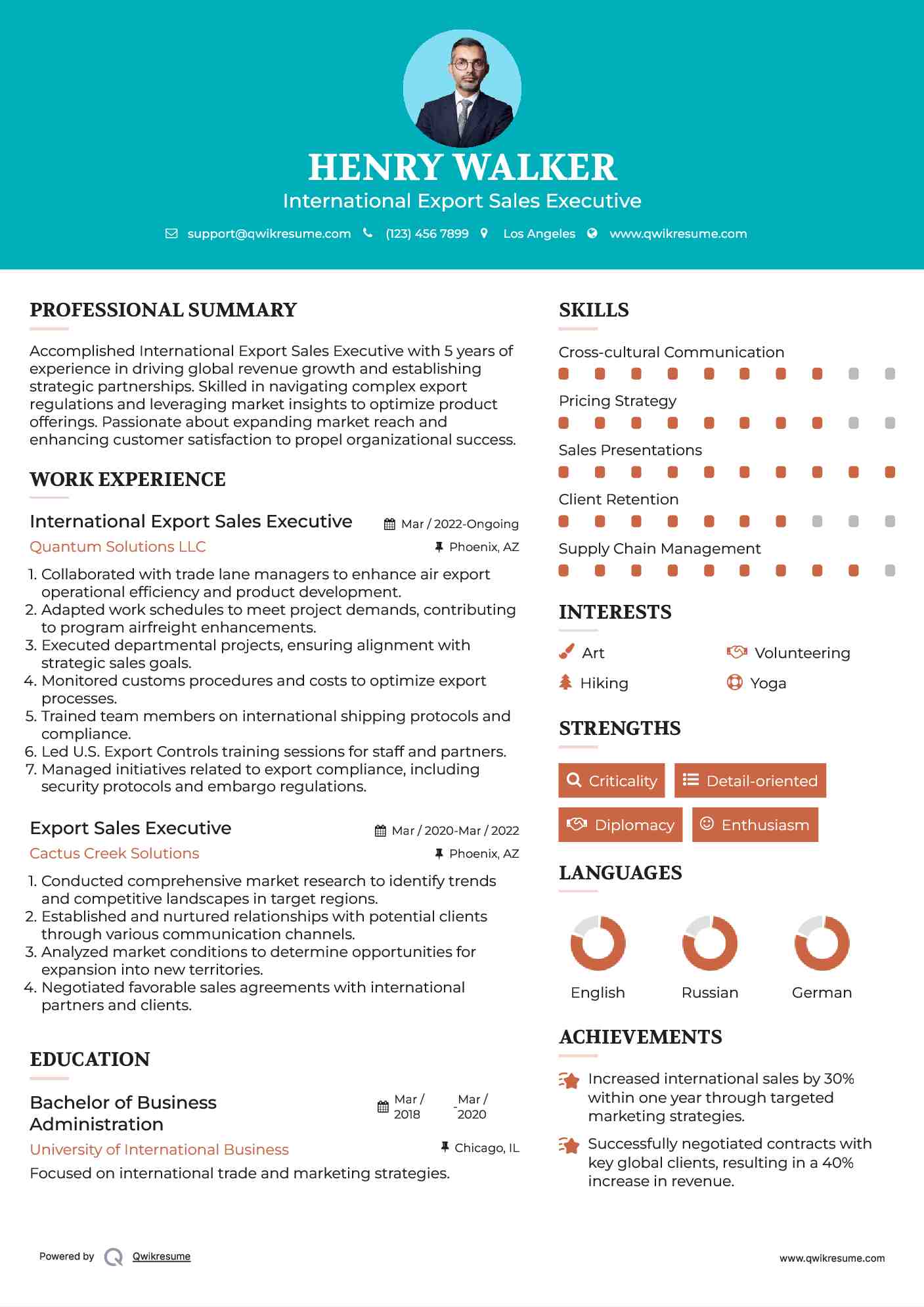 International Export Sales Executive Resume Model