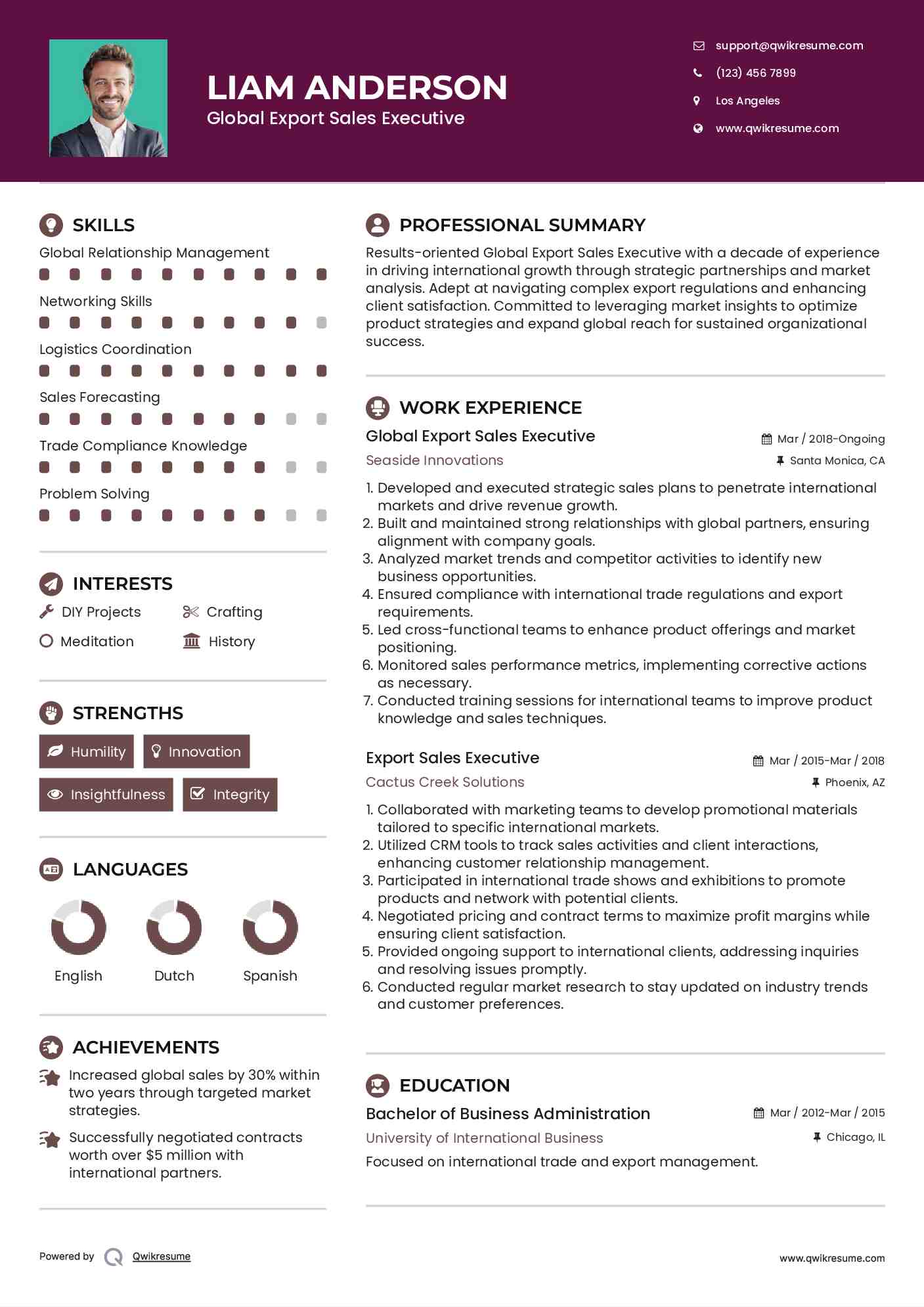 Global Export Sales Executive Resume Sample