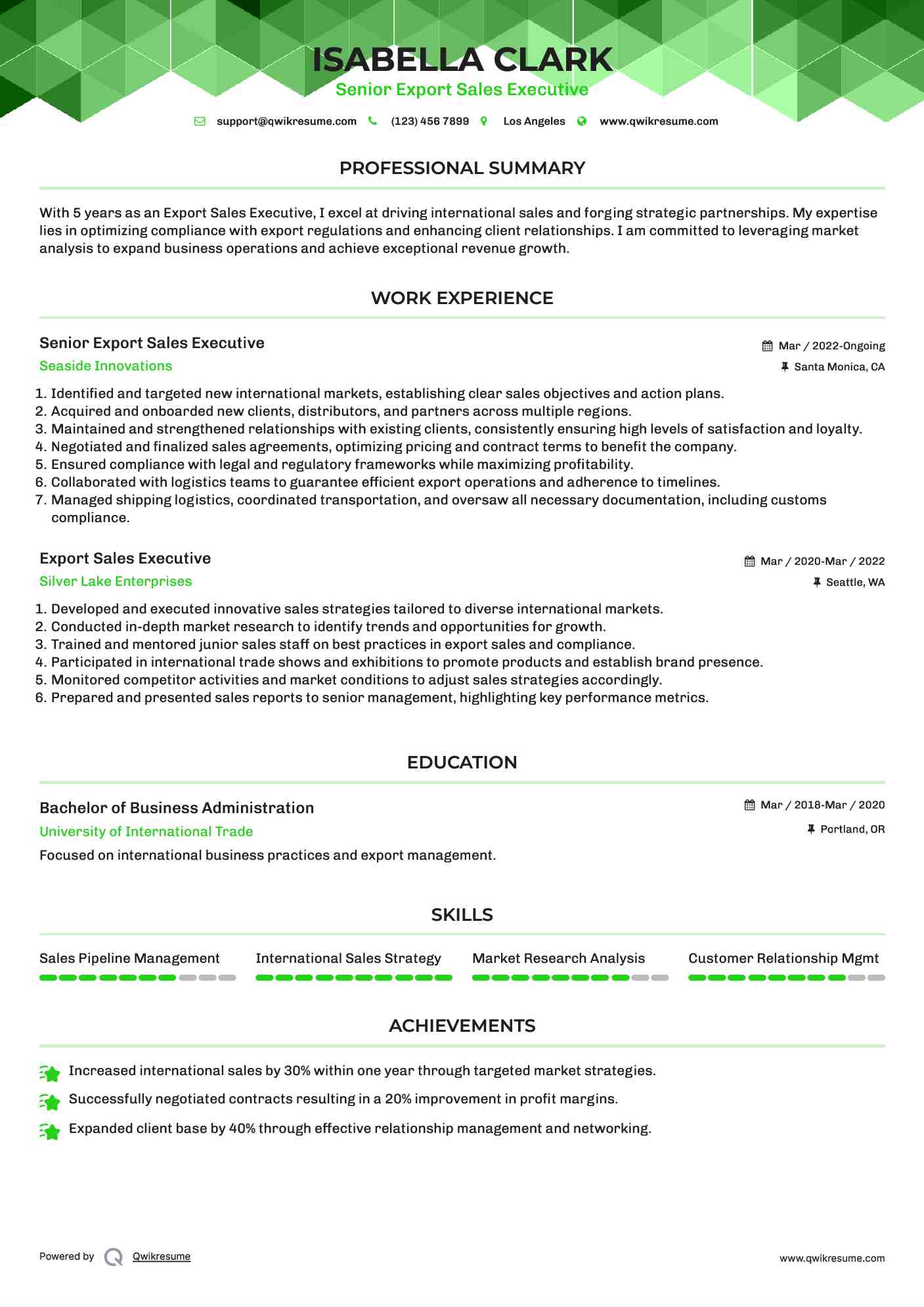 Senior Export Sales Executive Resume Template
