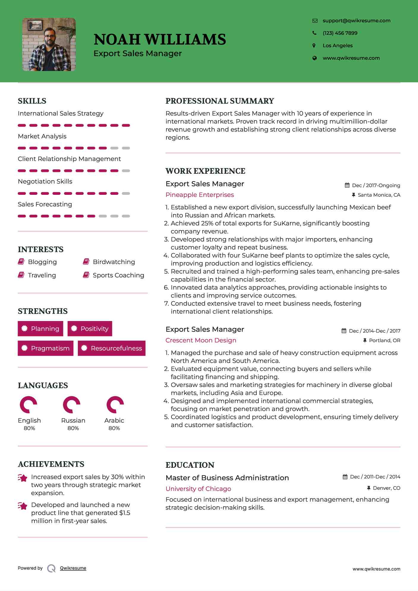 Export Sales Manager Resume Template