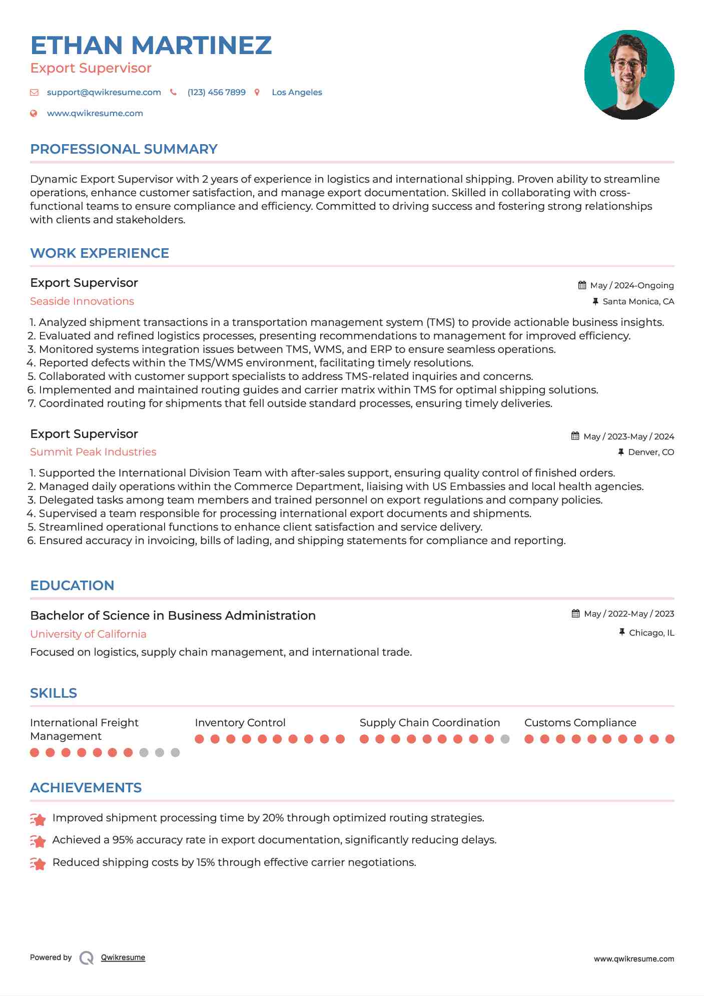 Export Supervisor Resume Sample