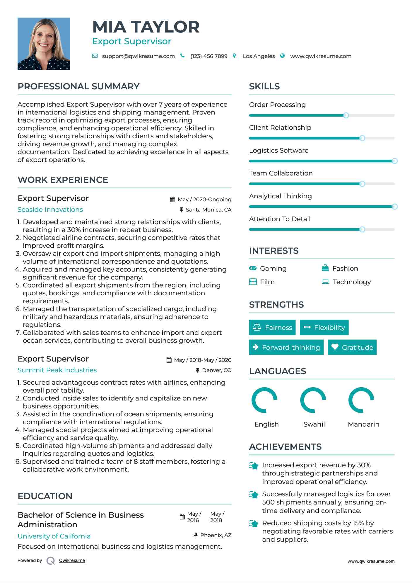 Export Supervisor Resume Sample