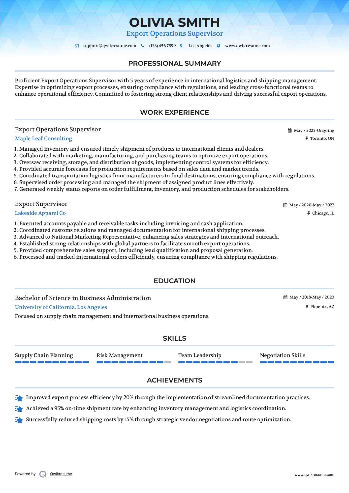Export Operations Supervisor Resume Model