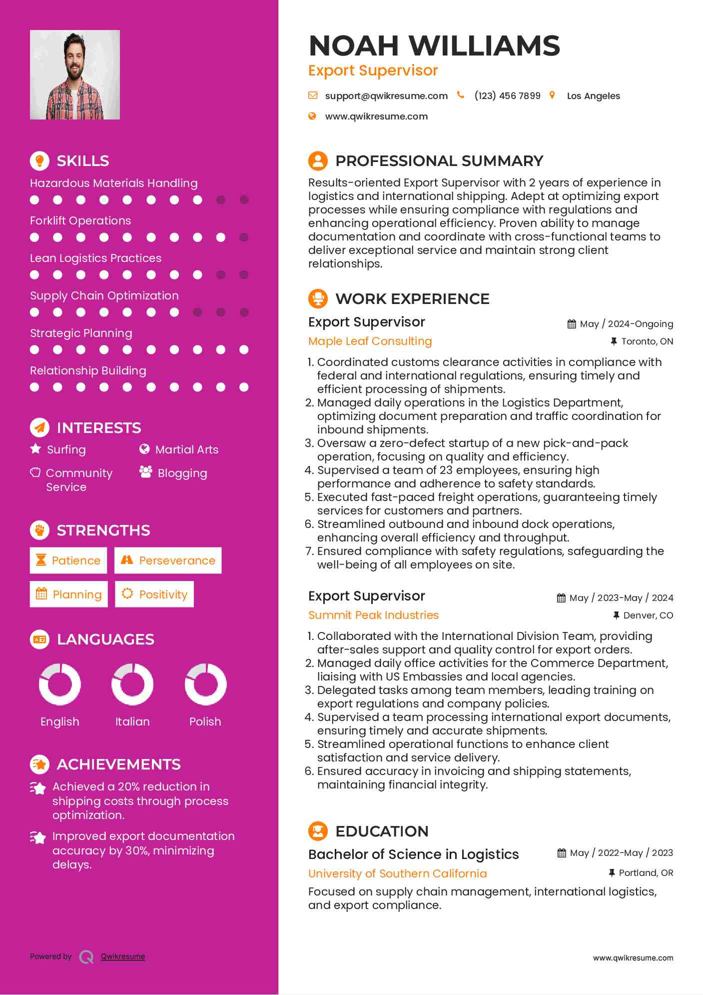 Export Supervisor Resume Sample