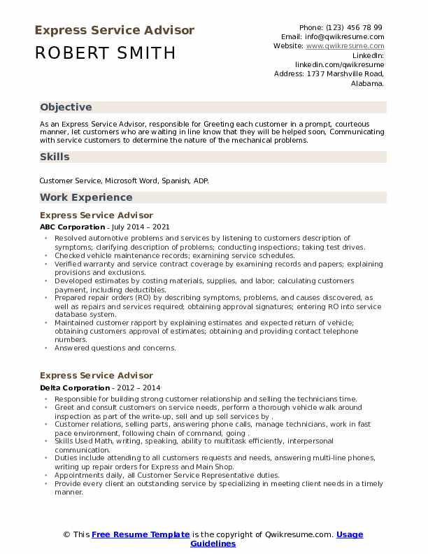 Express Service Advisor Resume Samples QwikResume
