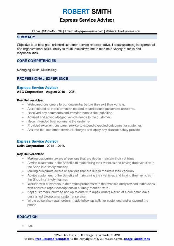 Express Service Advisor Resume Samples QwikResume