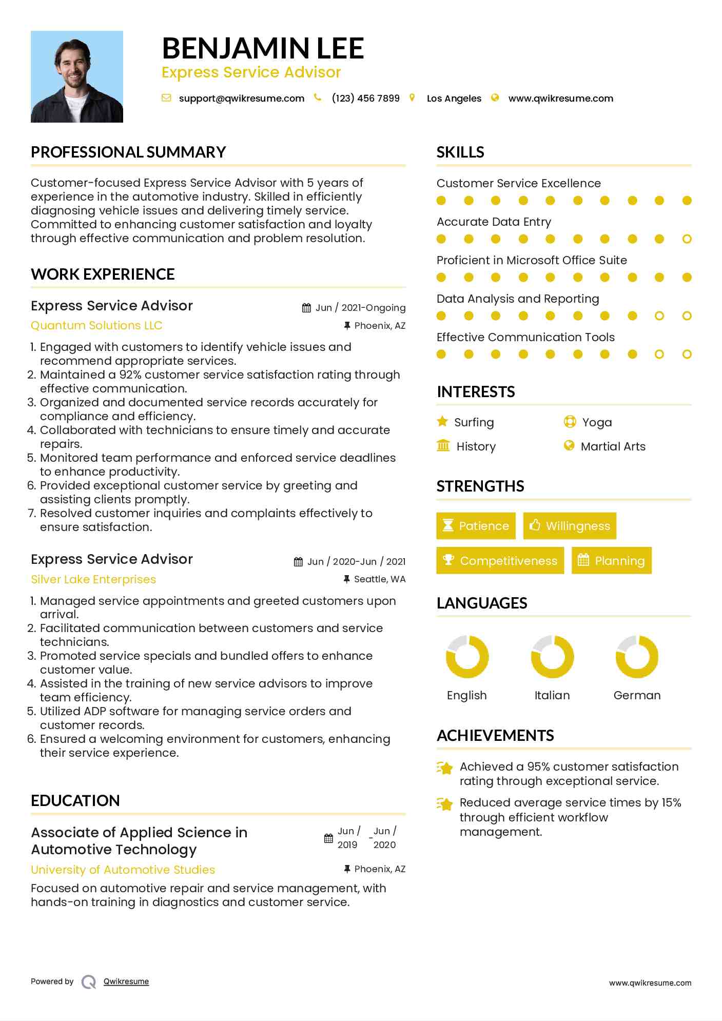 Express Service Advisor Resume Example