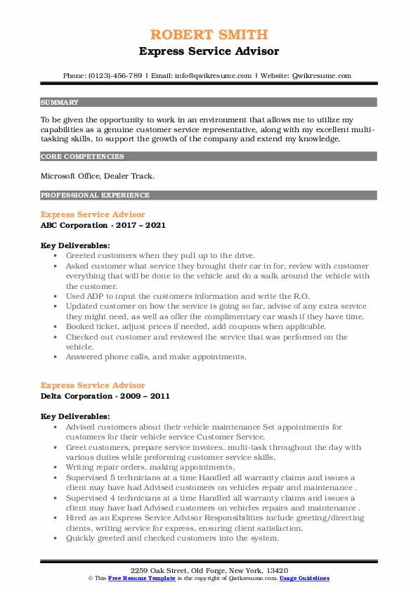Express Service Advisor Resume Samples QwikResume