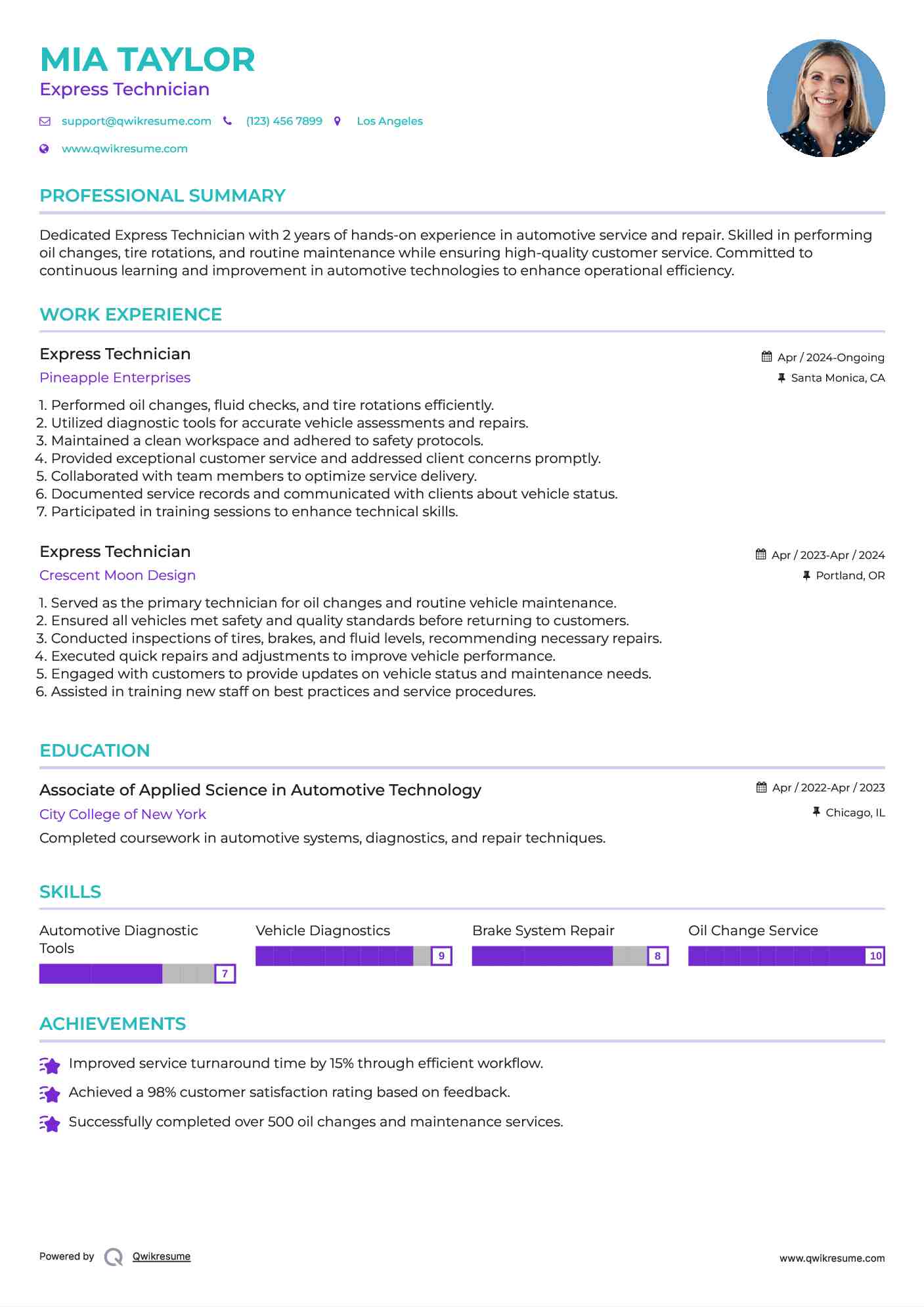 Express Technician Resume Example