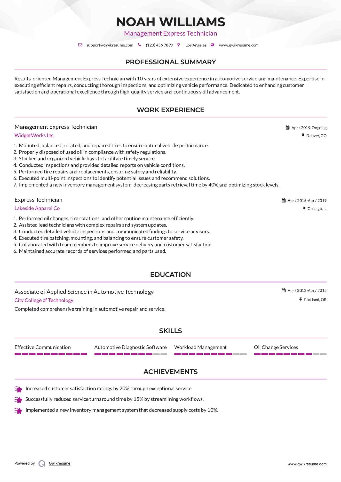 Management Express Technician Resume Template