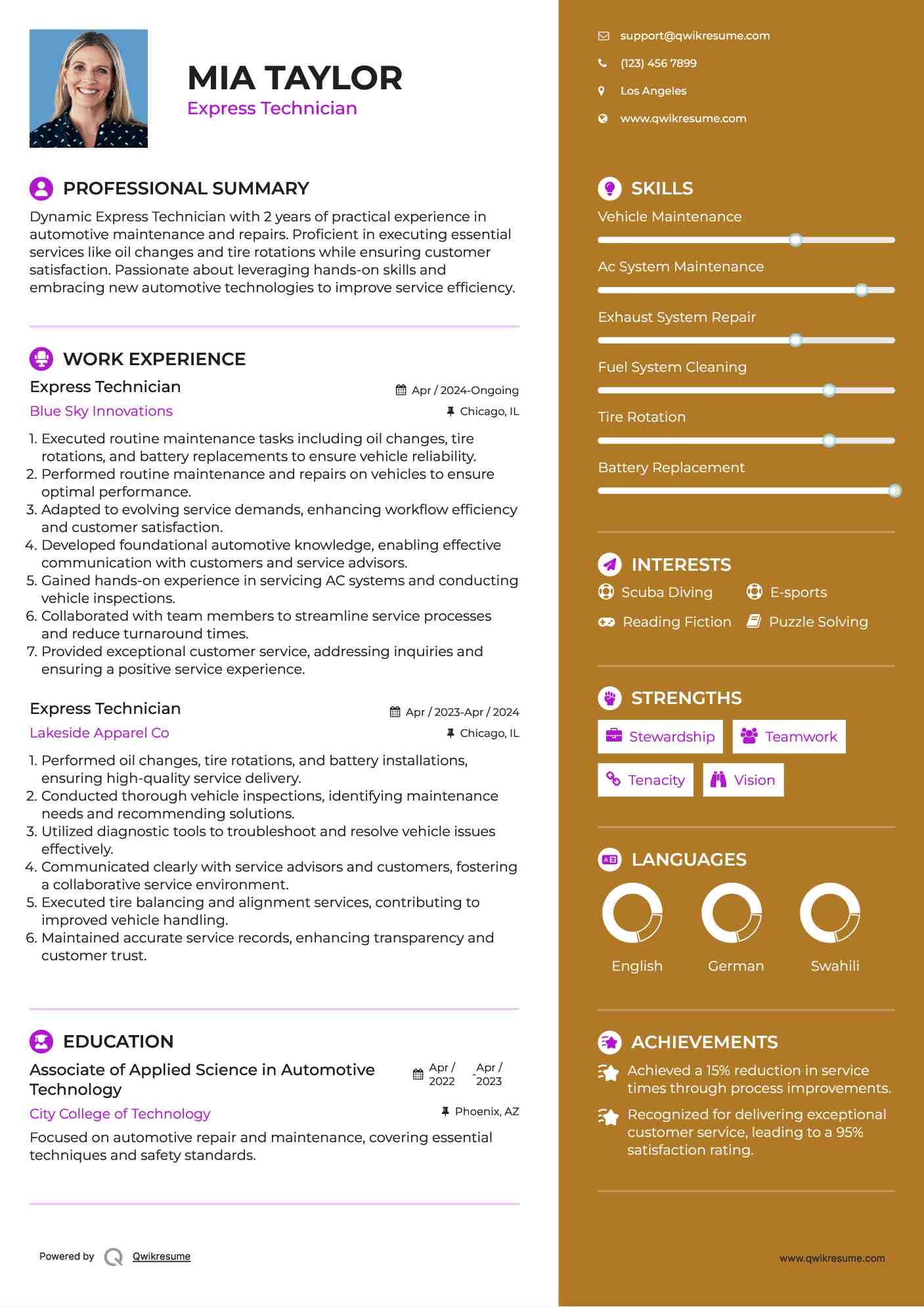 Express Technician Resume Example