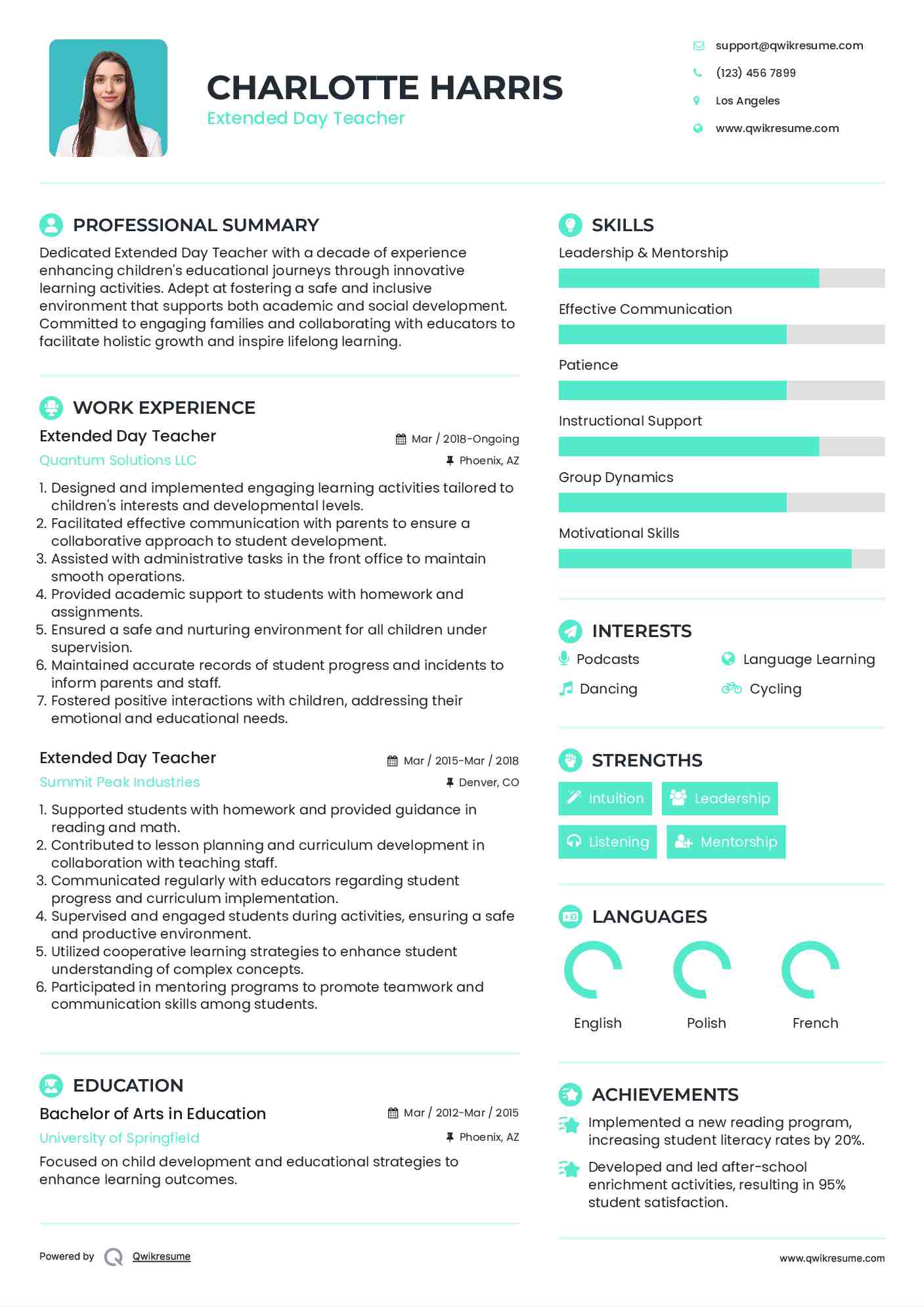 Extended Day Teacher Resume Sample