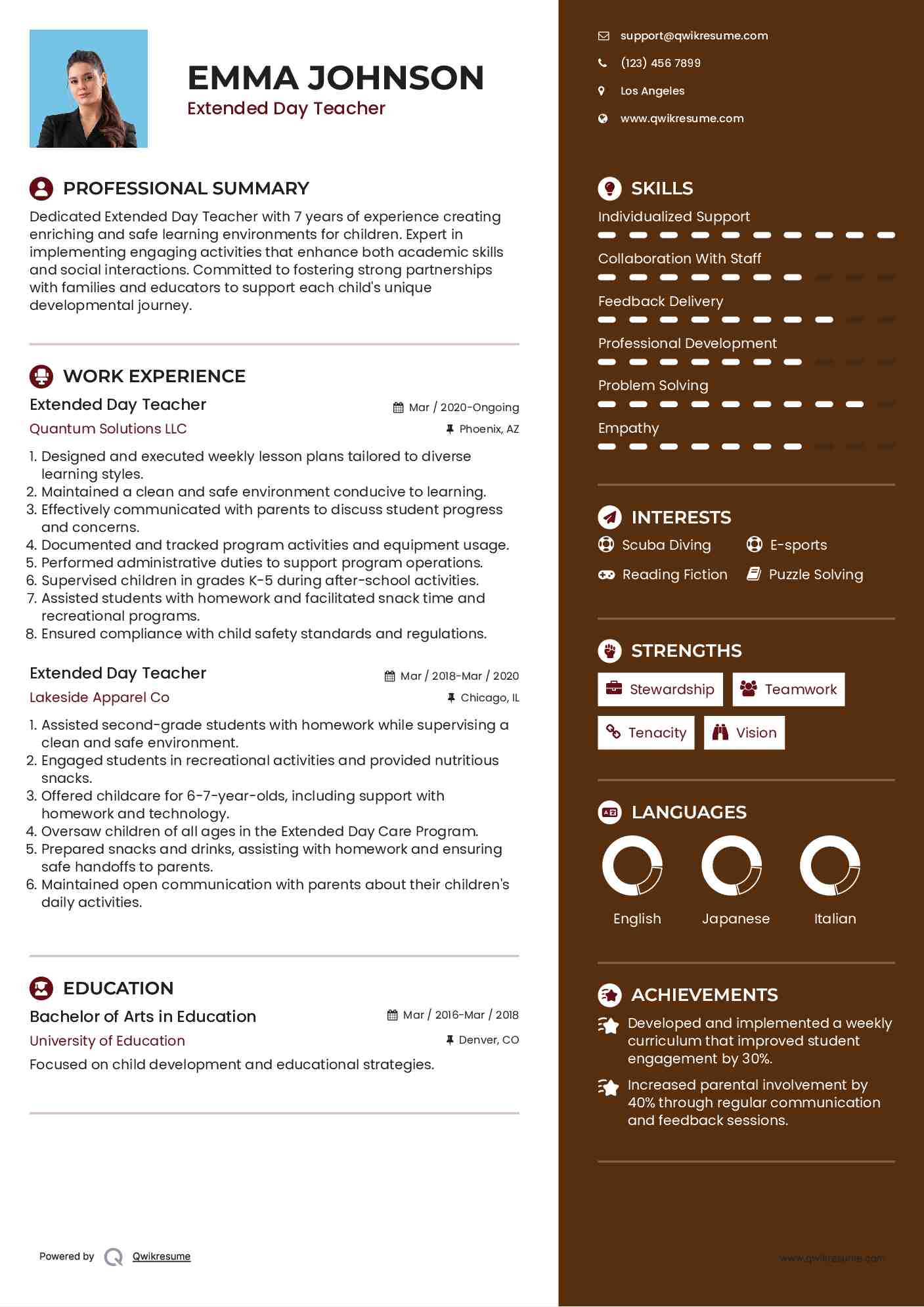 Extended Day Teacher Resume Format