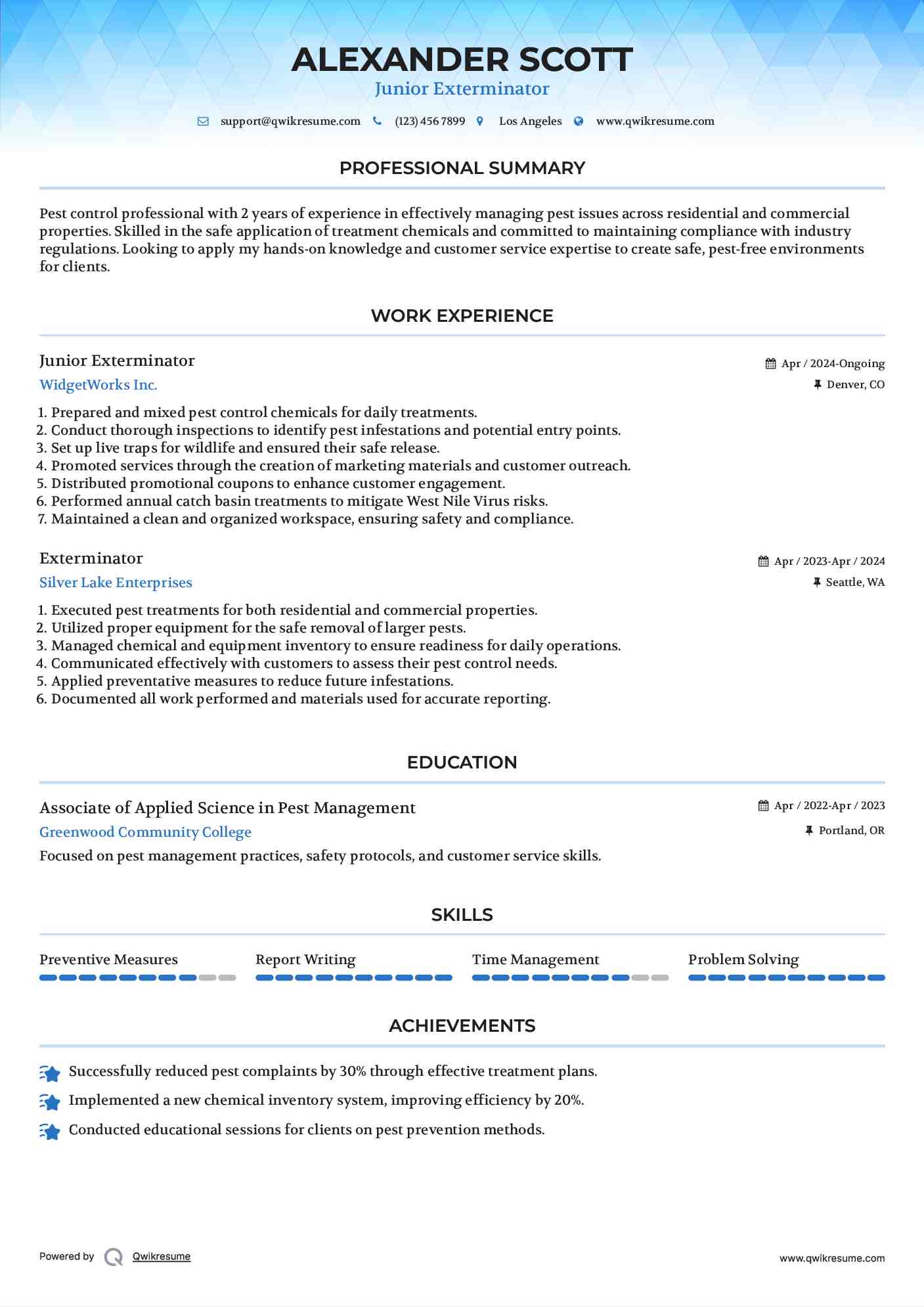 Junior Exterminator Resume Sample