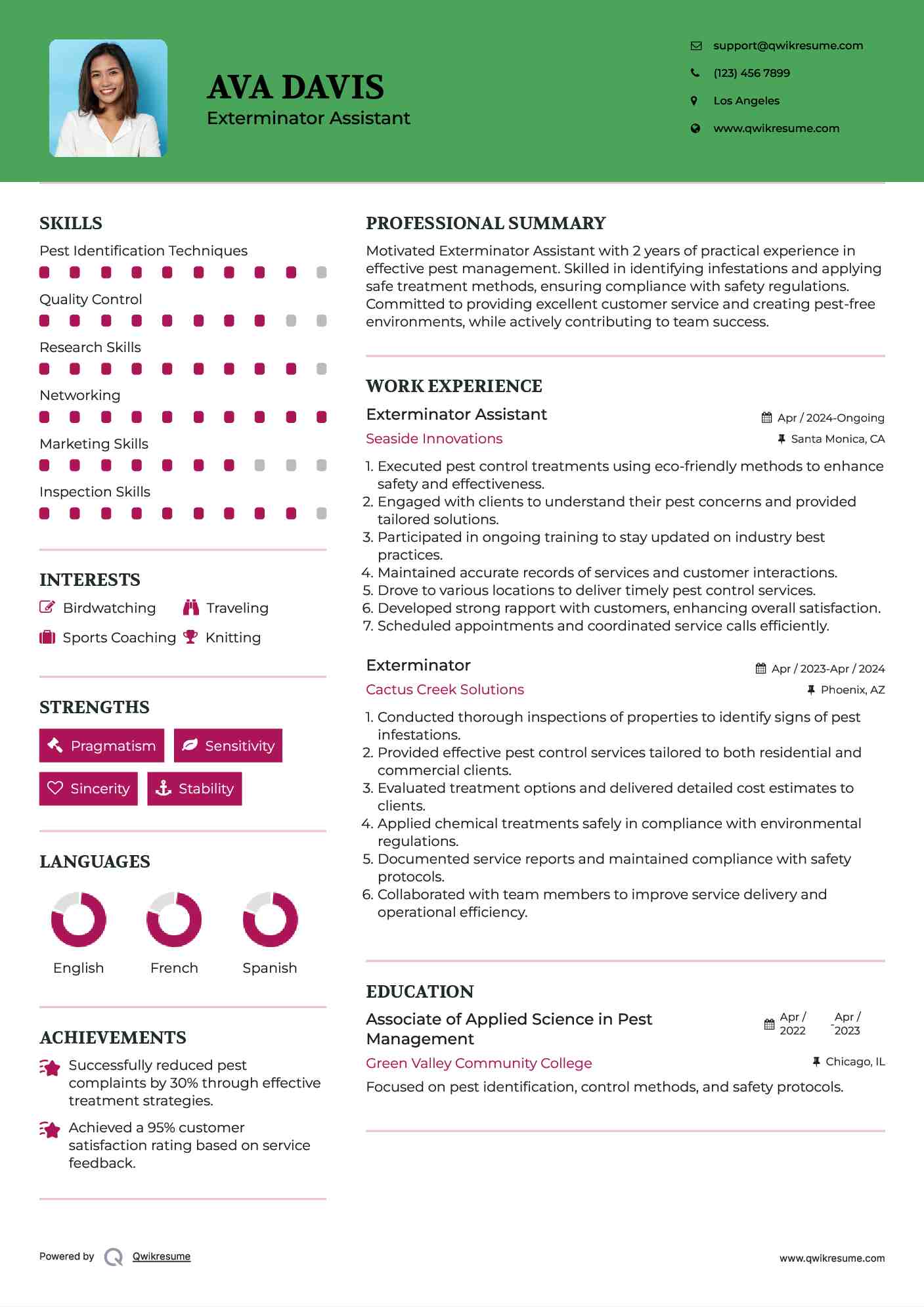 Exterminator Assistant Resume Model