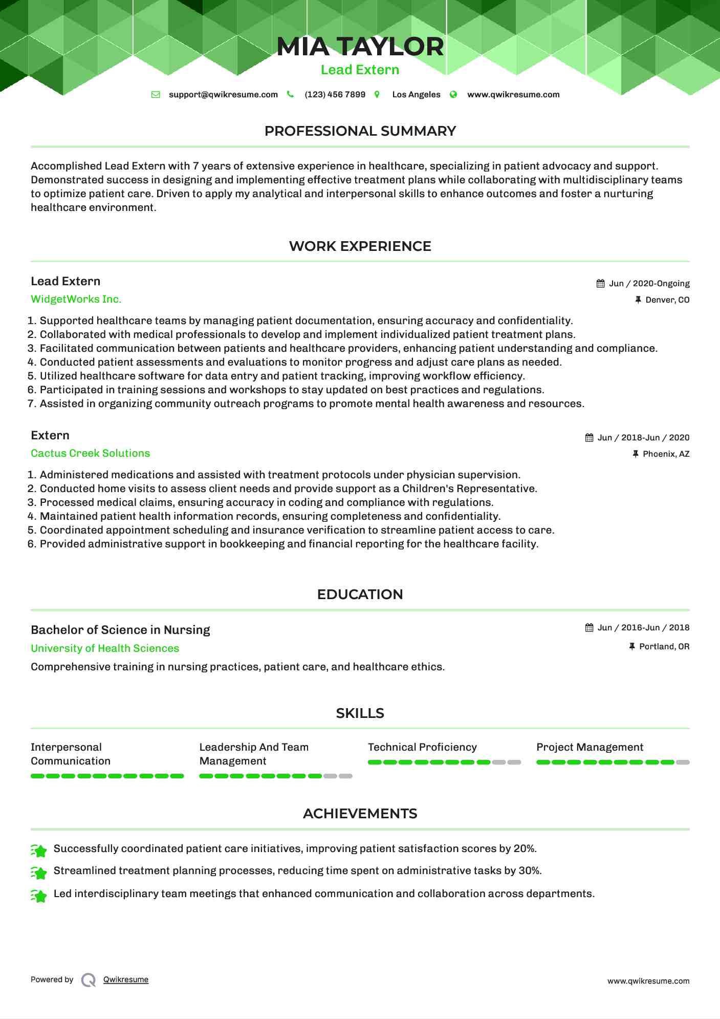 Lead Extern Resume Template