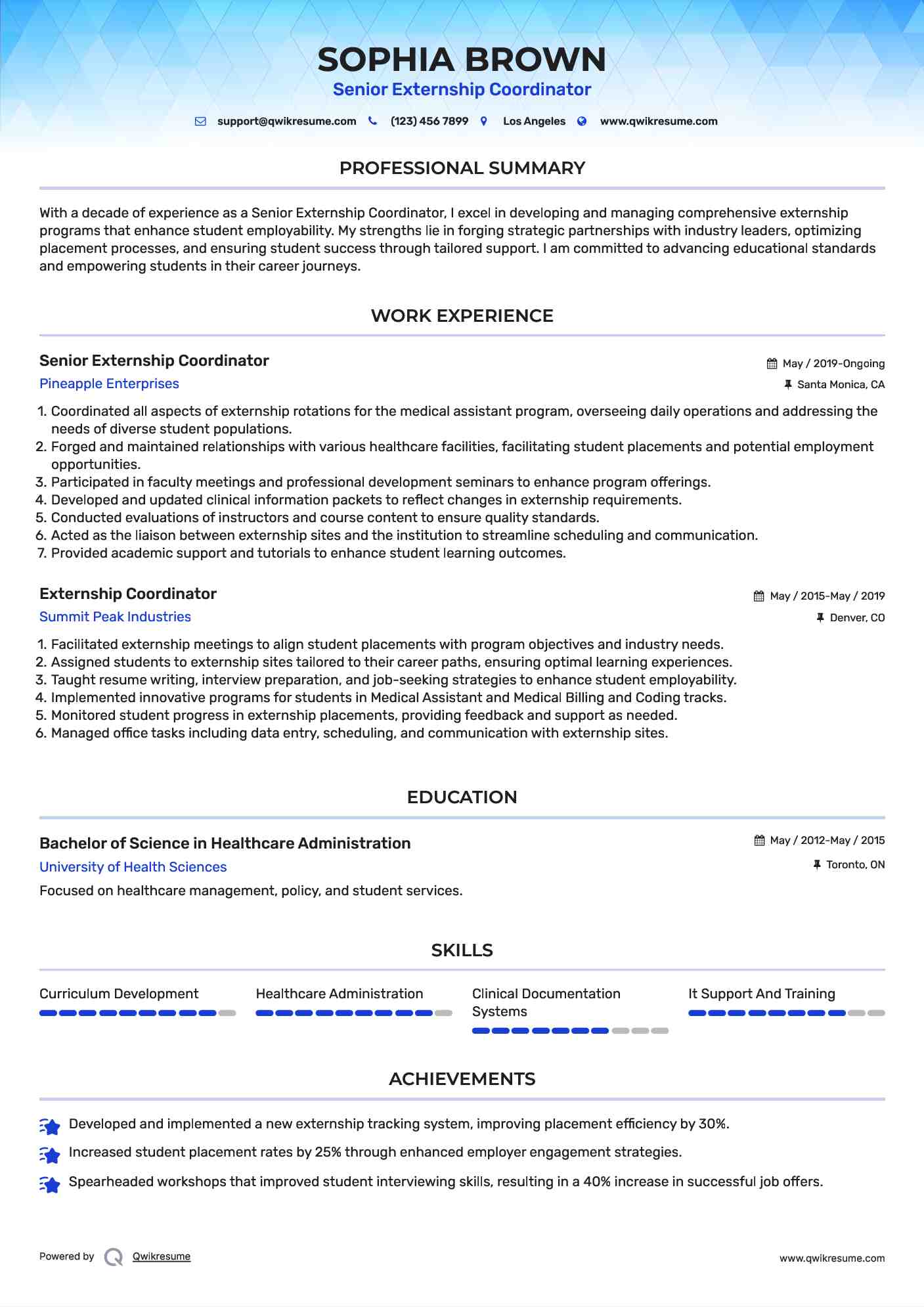 Senior Externship Coordinator Resume Example
