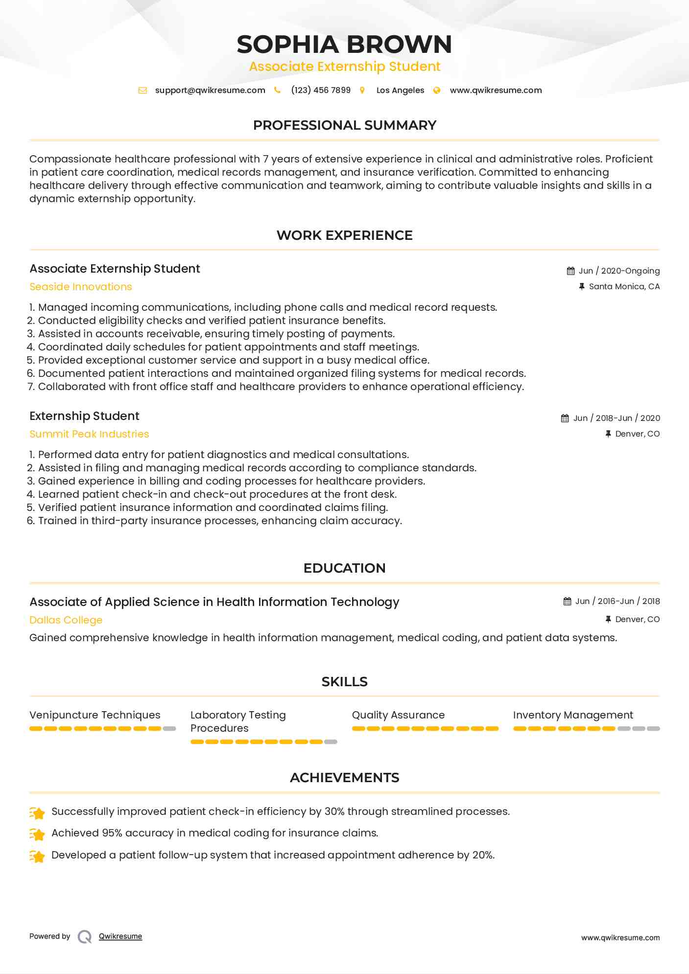 Associate Externship Student Resume Model