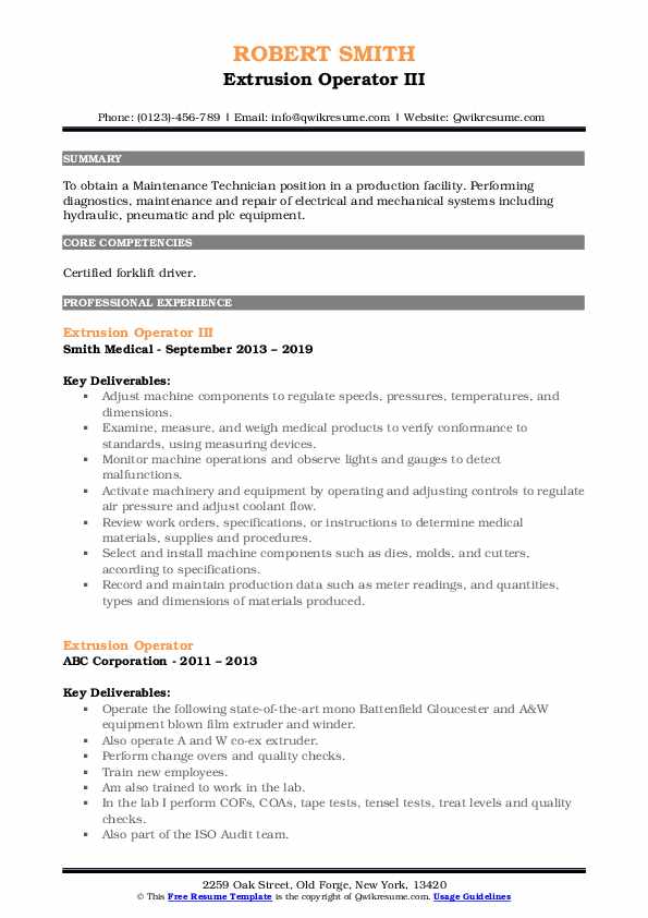 Extrusion Operator Resume Samples QwikResume