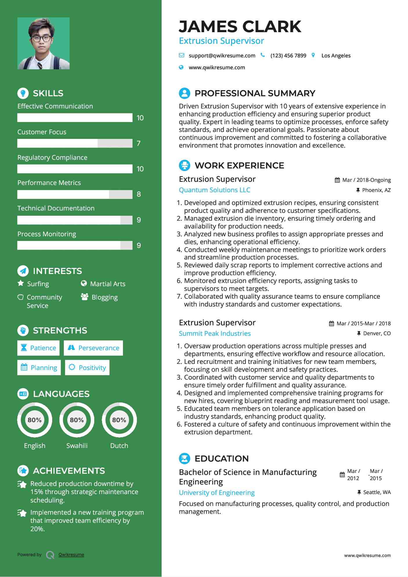 Extrusion Supervisor Resume Sample