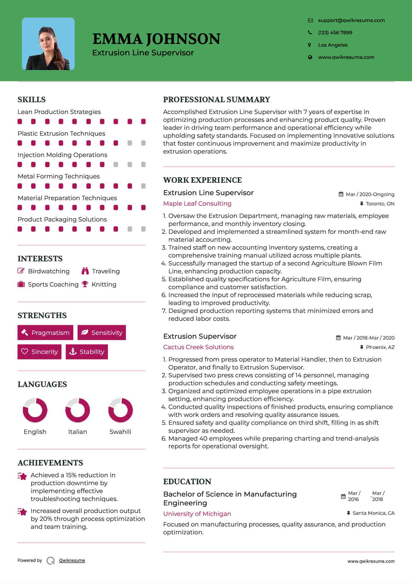 Extrusion Line Supervisor Resume Format