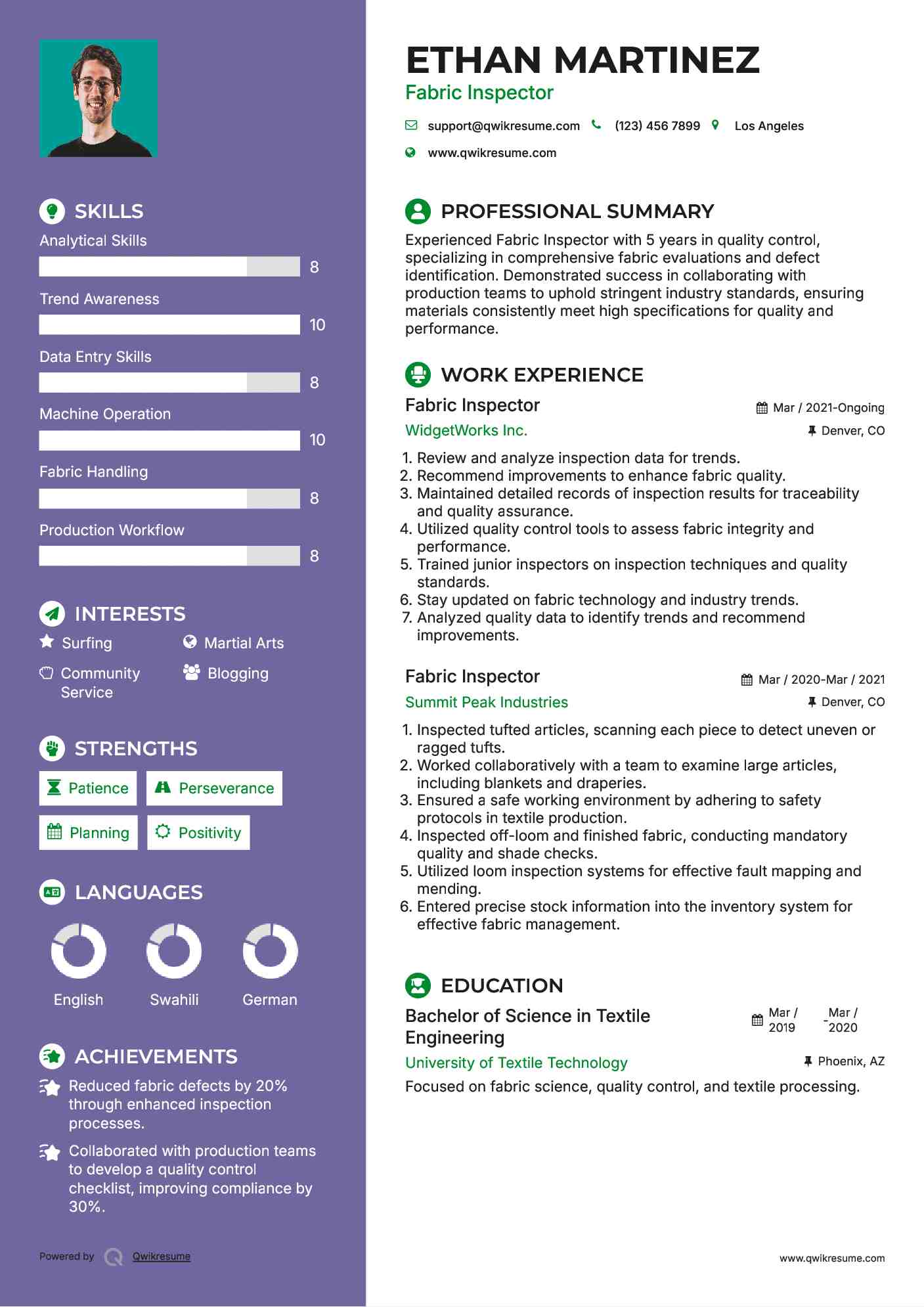 Fabric Inspector Resume Template