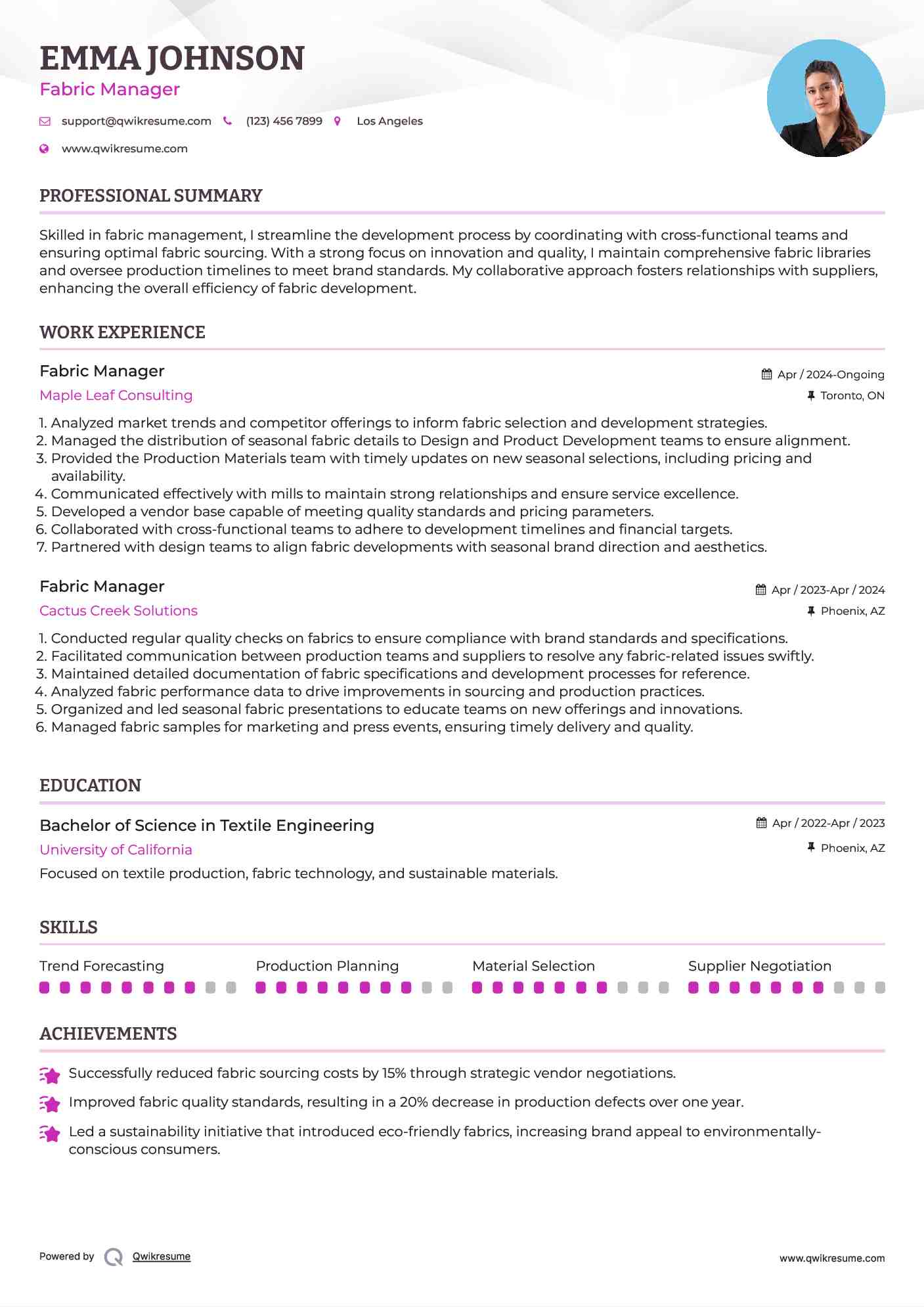 Fabric Manager Resume Sample