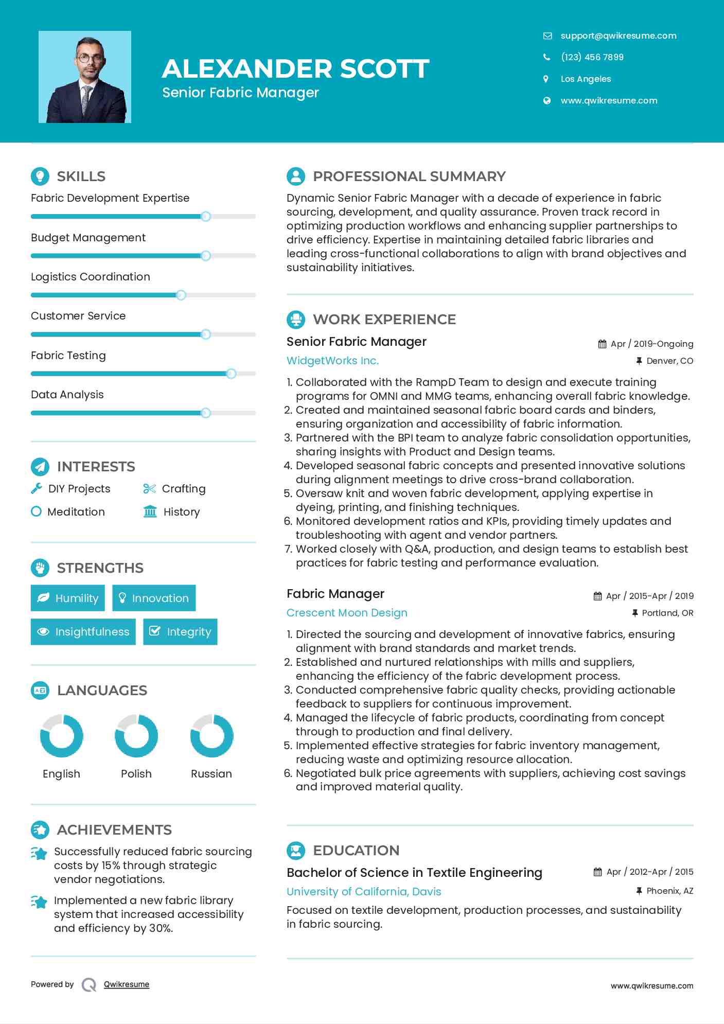 Senior Fabric Manager Resume Example