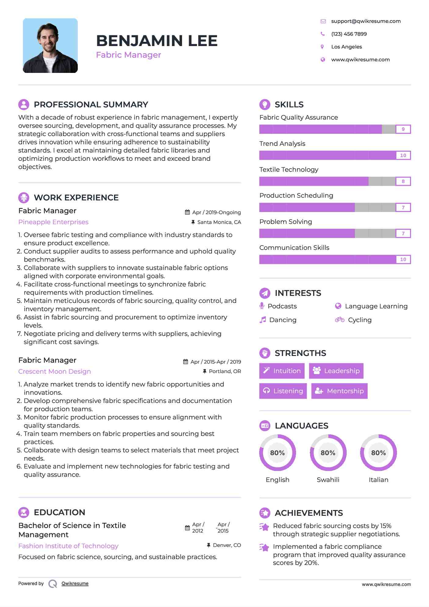 Fabric Manager Resume Template