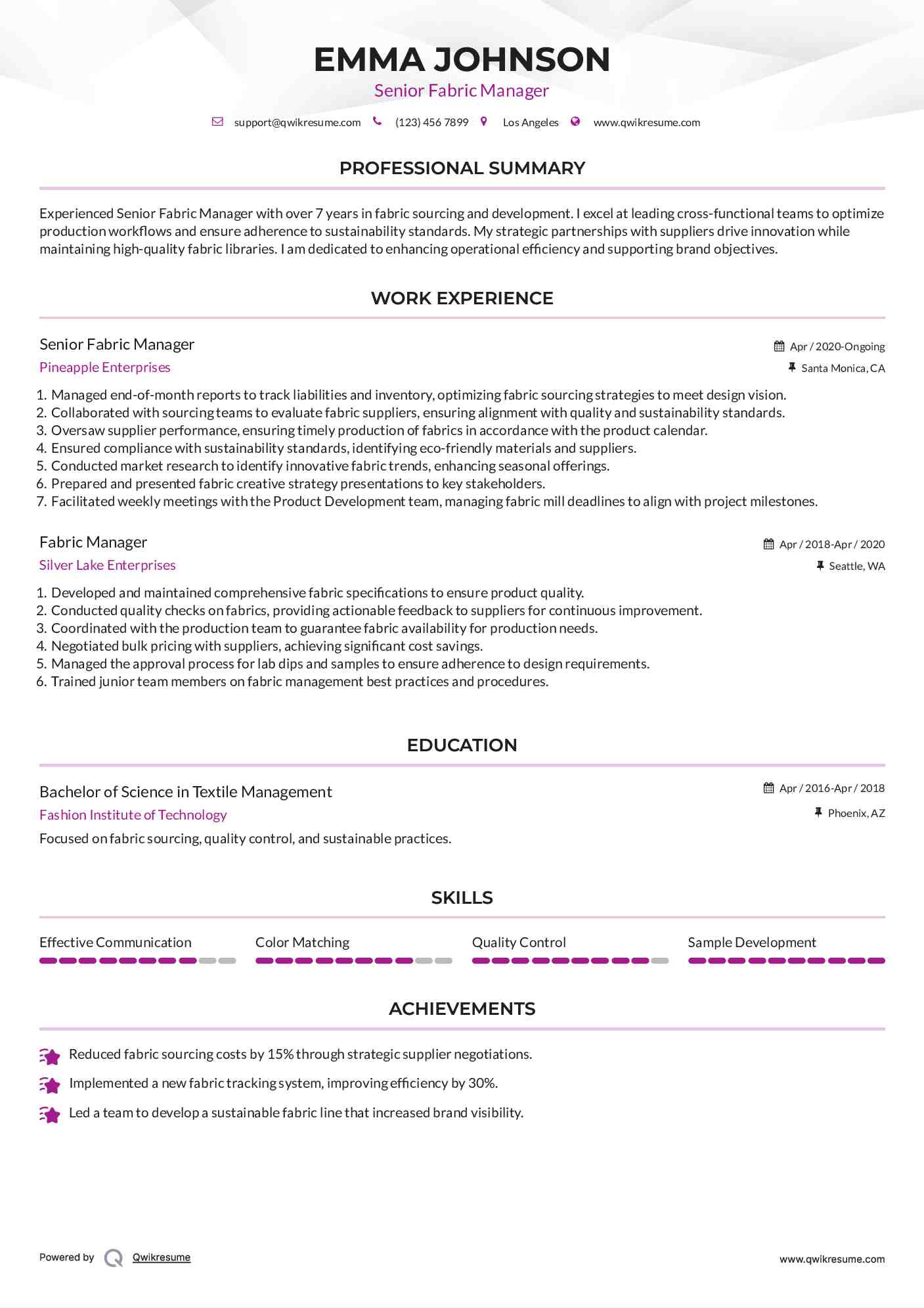 Senior Fabric Manager Resume Template