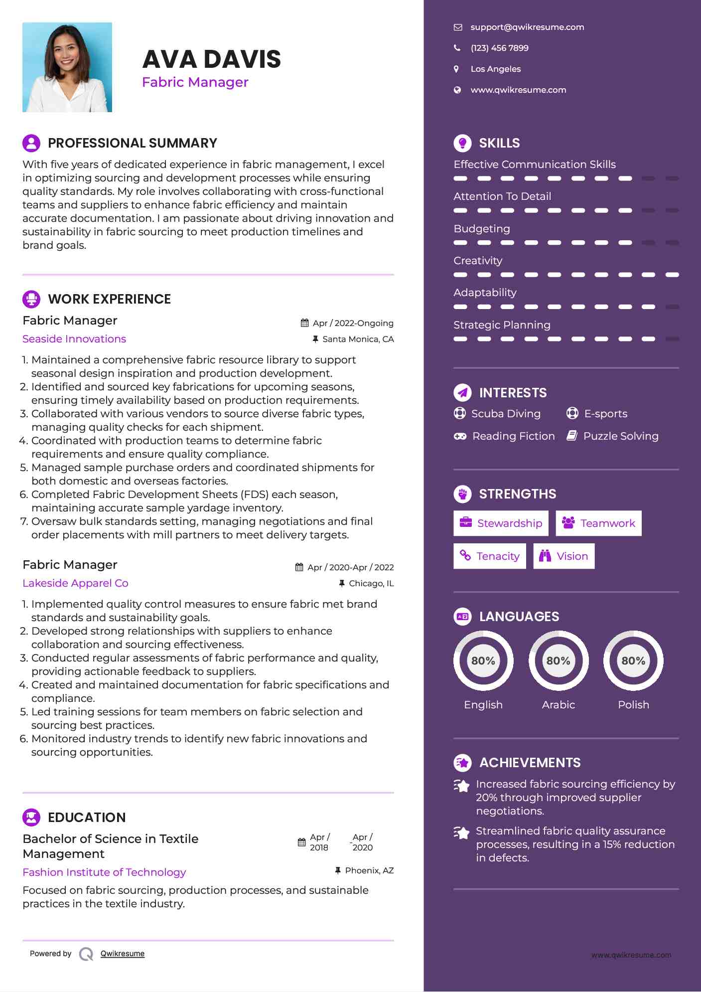 Fabric Manager Resume Template