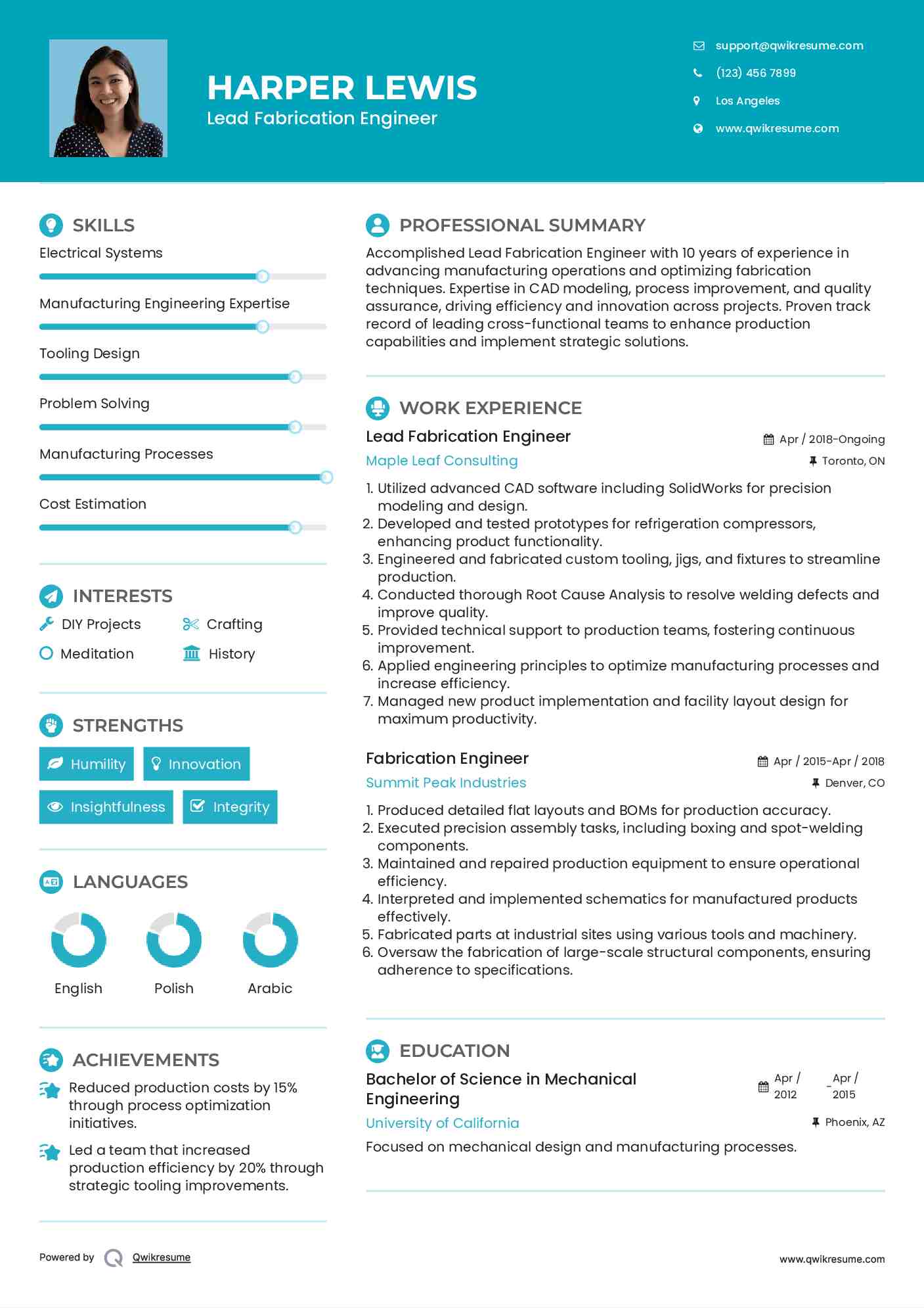 Lead Fabrication Engineer Resume Sample