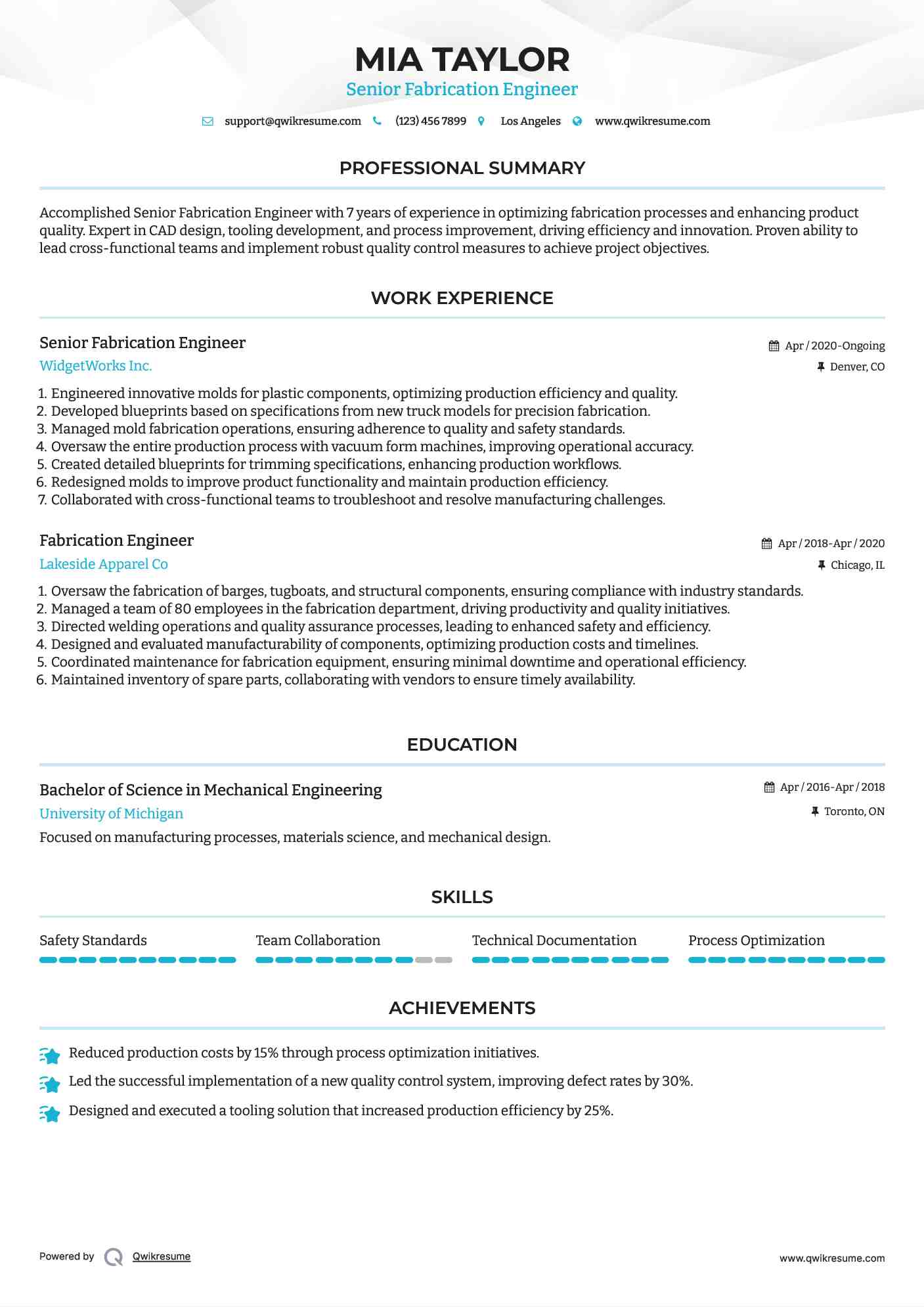 Senior Fabrication Engineer Resume Format