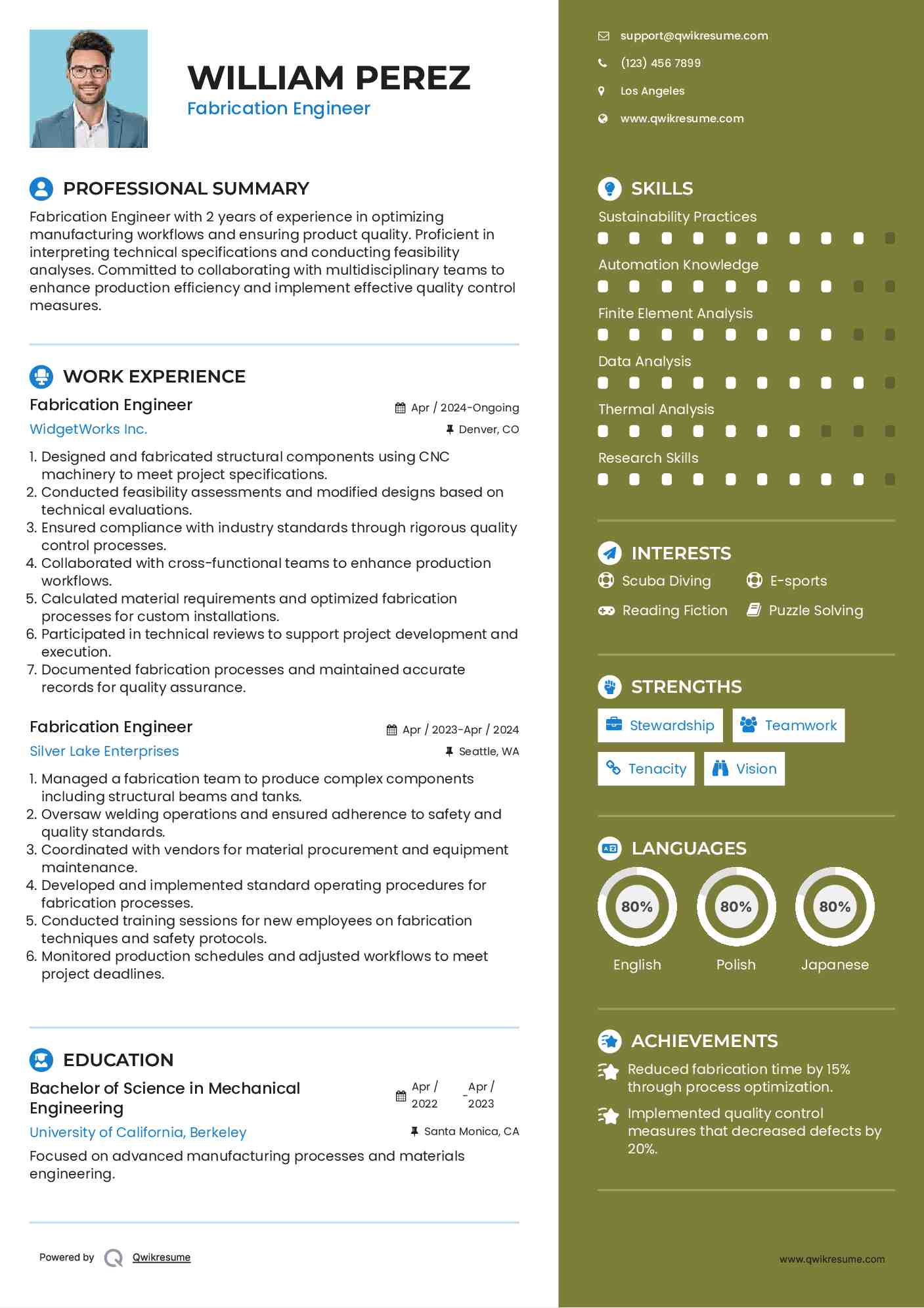 Fabrication Engineer Resume Sample