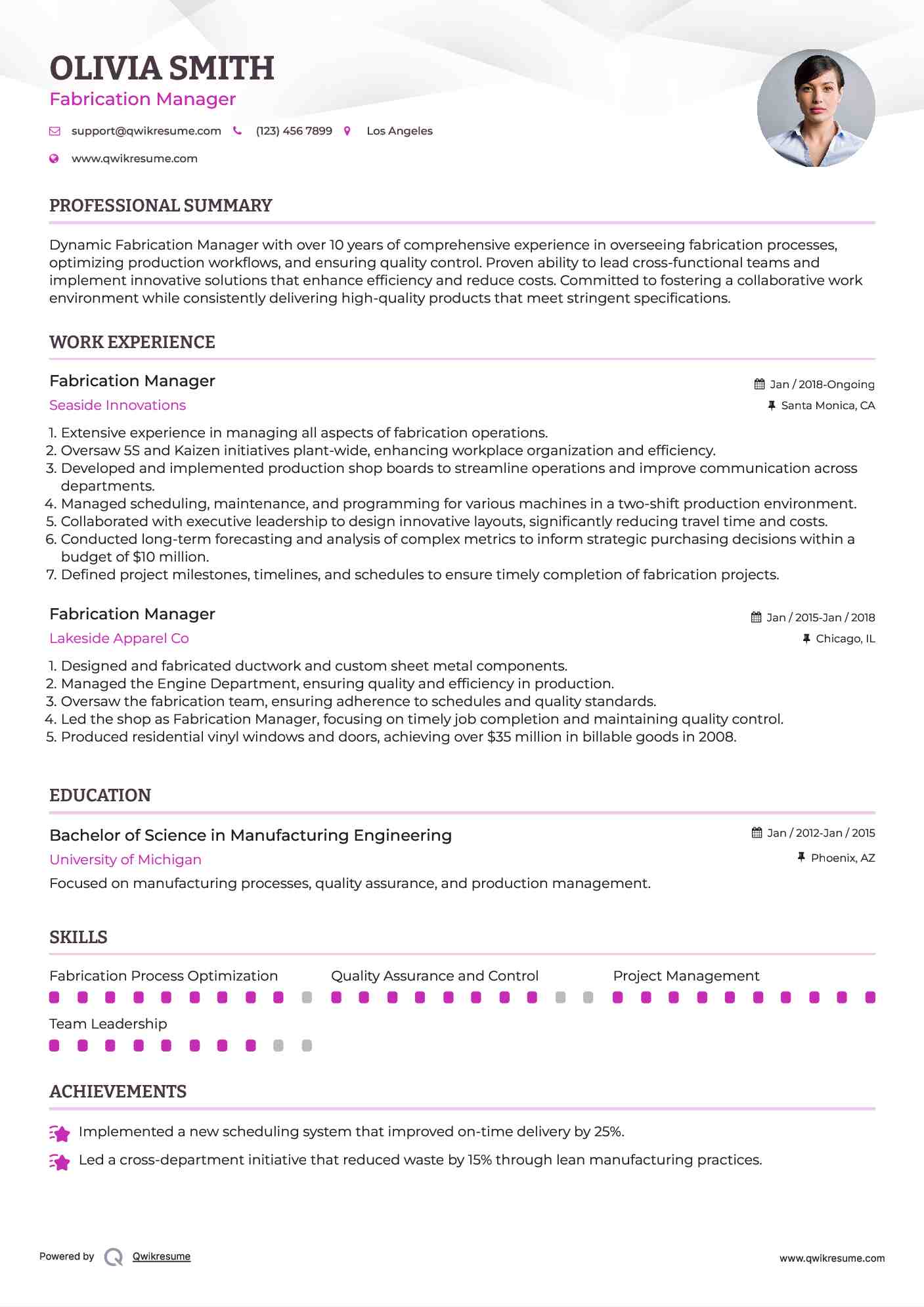 Fabrication Manager Resume Model