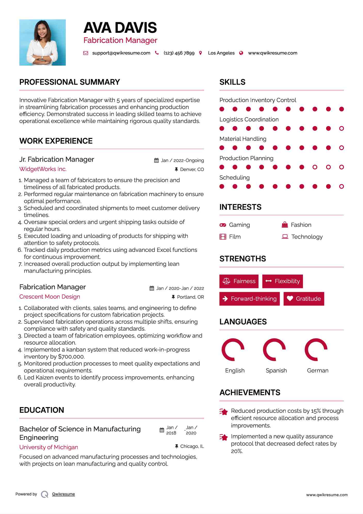 Jr. Fabrication Manager Resume Example