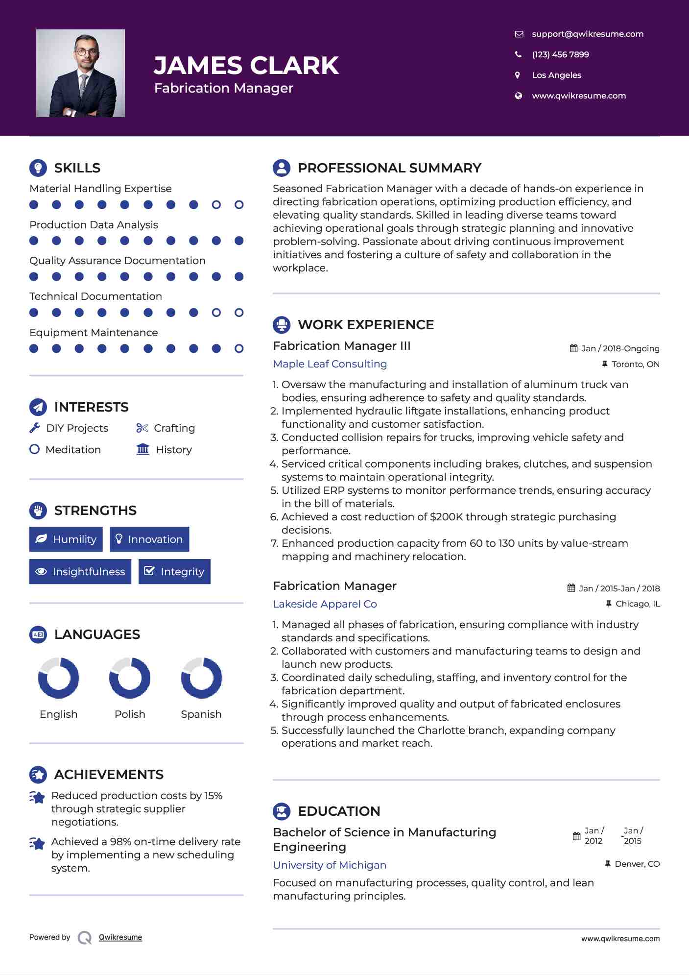 Fabrication Manager III Resume Sample