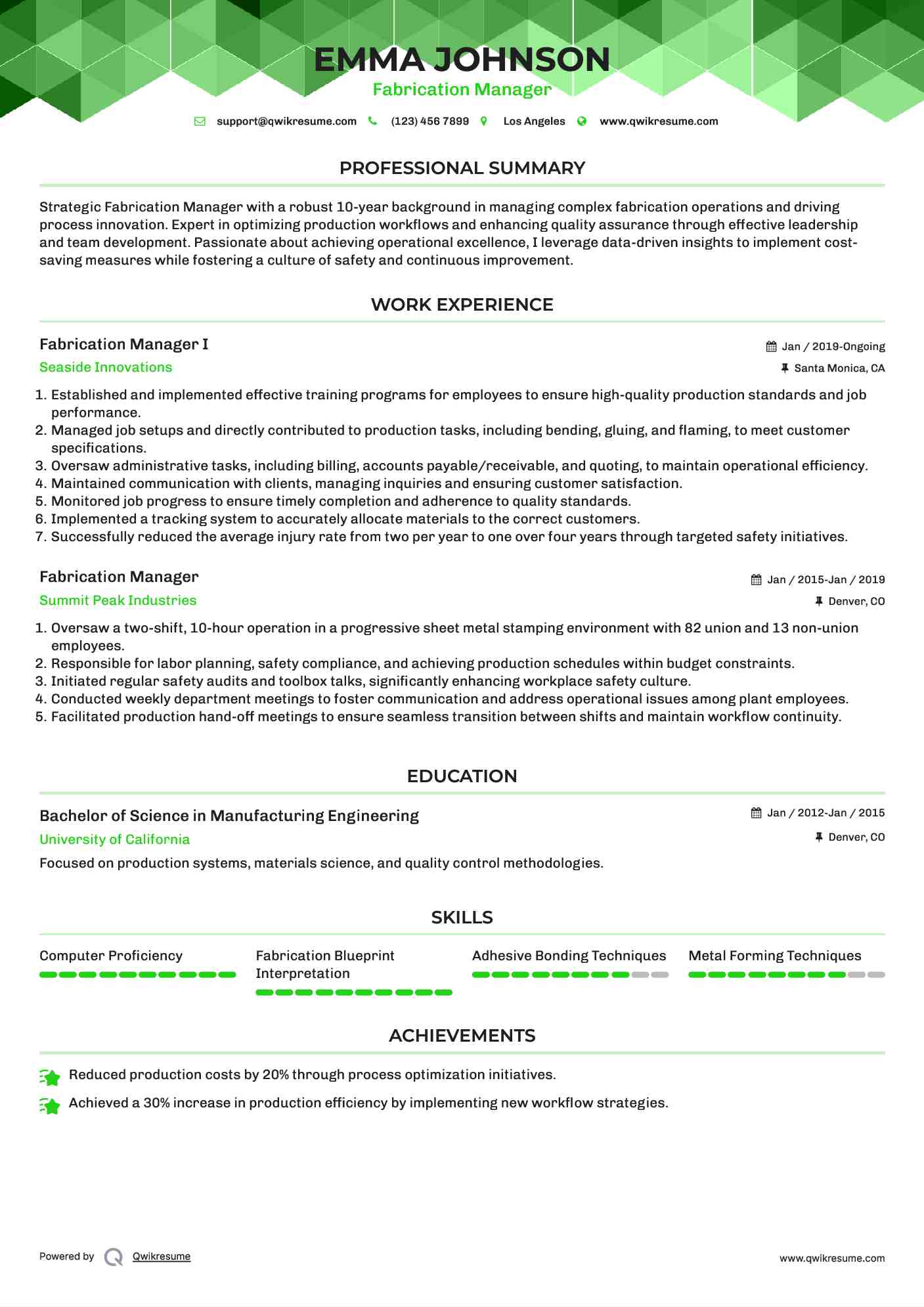Fabrication Manager I Resume Template