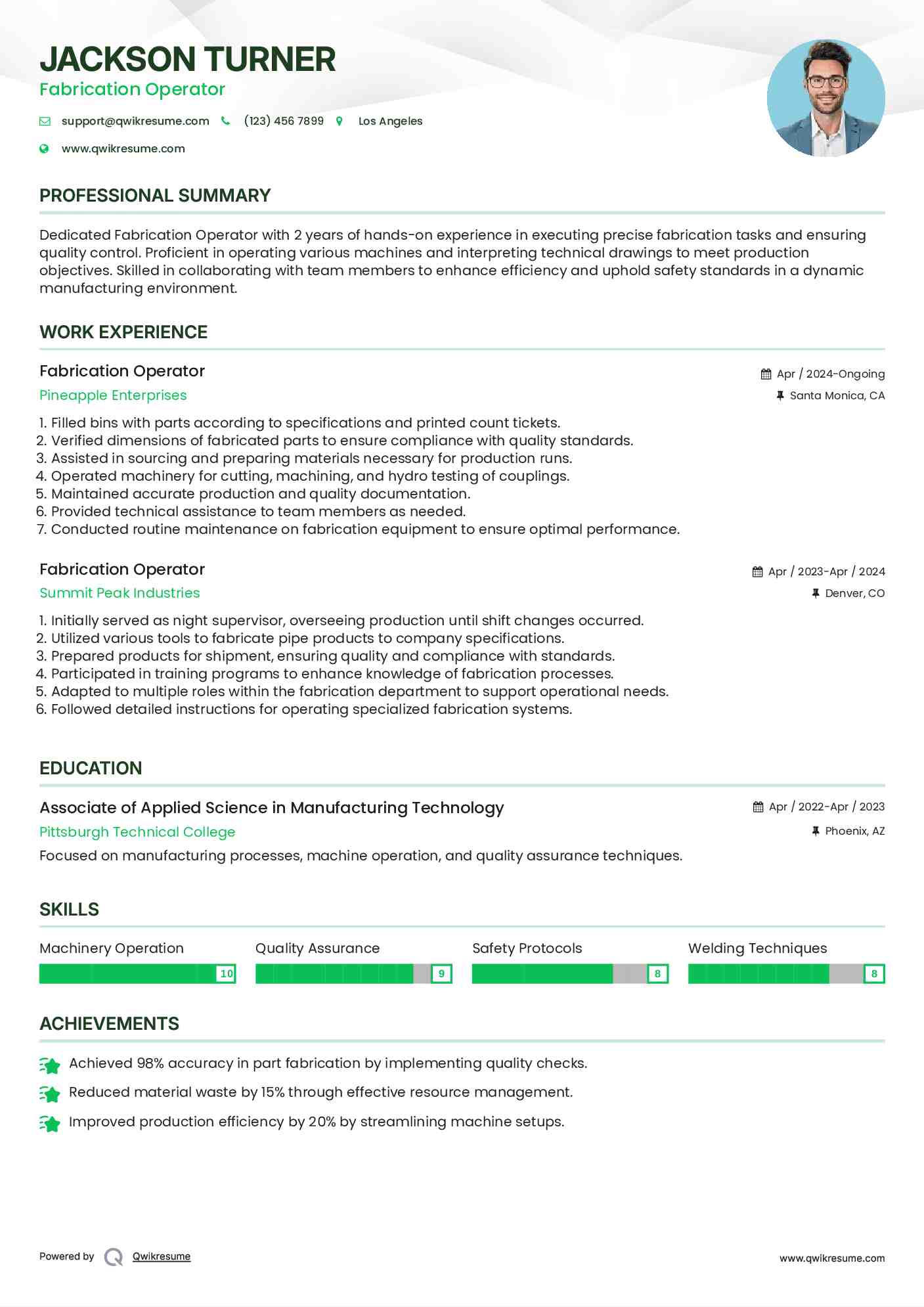 Fabrication Operator Resume Format