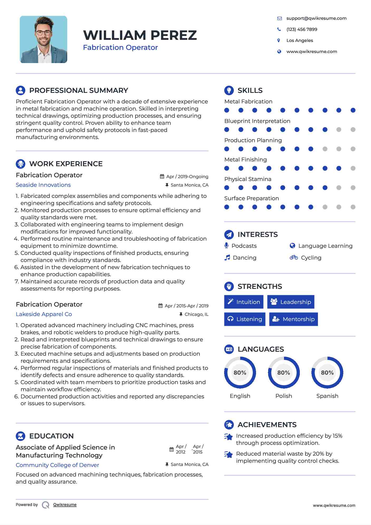 Fabrication Operator Resume Sample