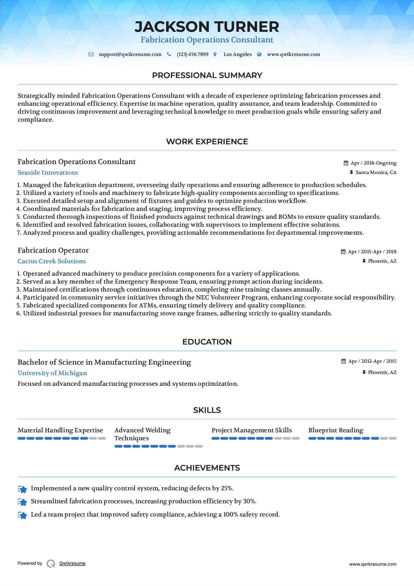Fabrication Operations Consultant Resume Model