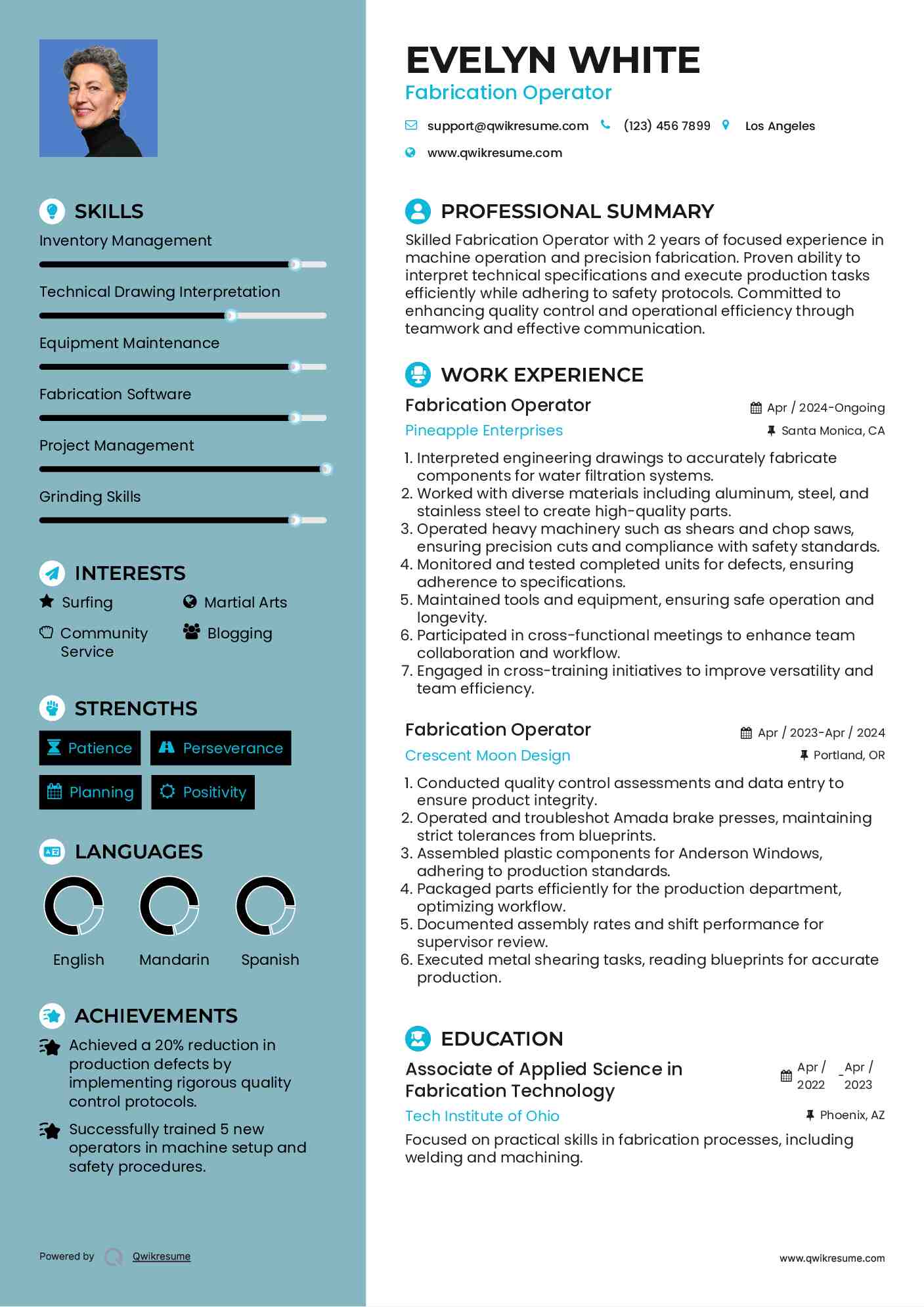 Fabrication Operator Resume Example