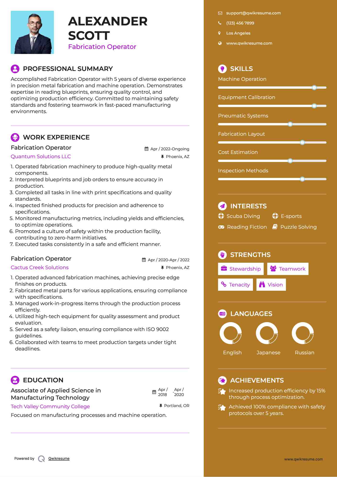 Fabrication Operator Resume Sample