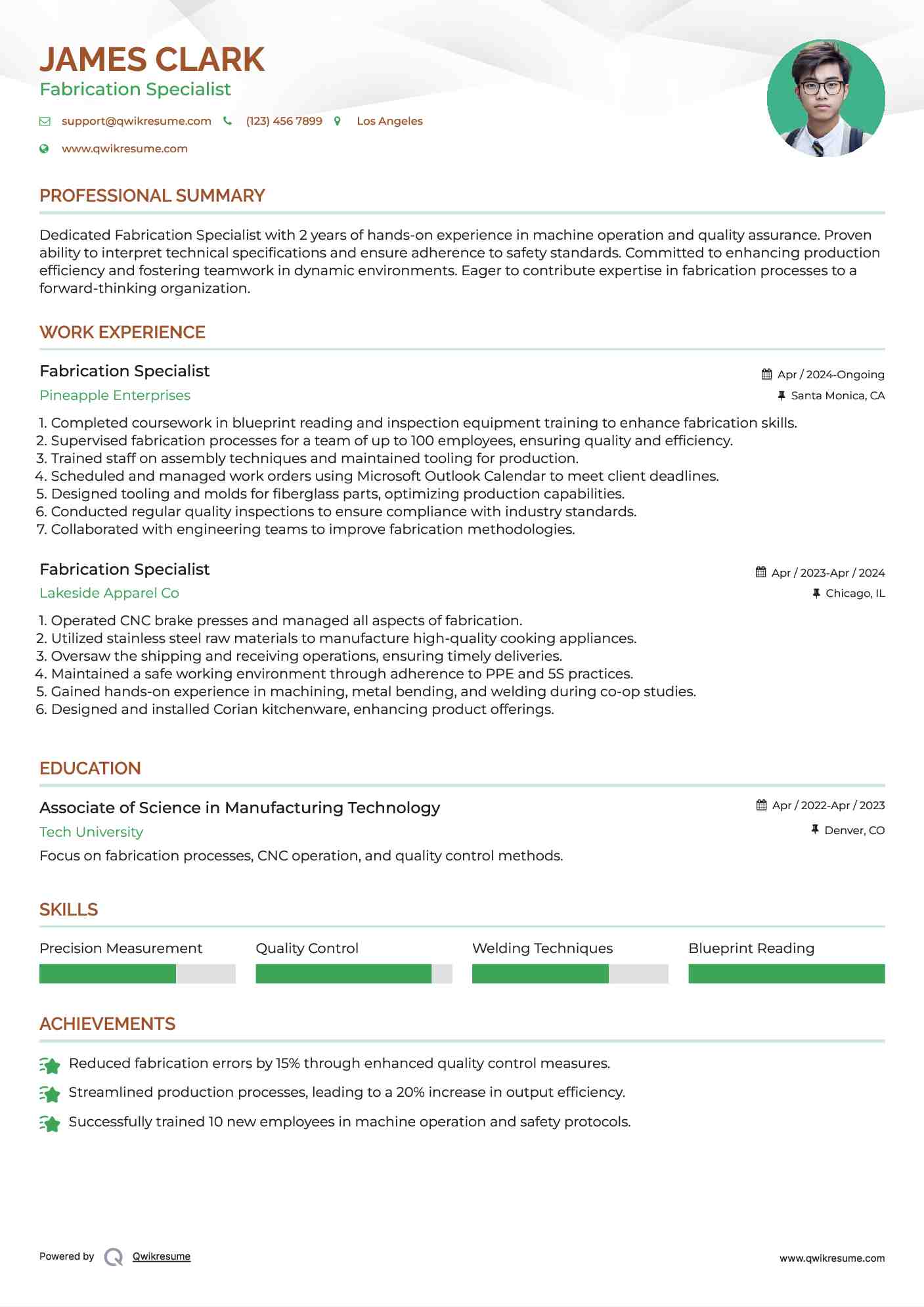 Fabrication Specialist Resume Sample
