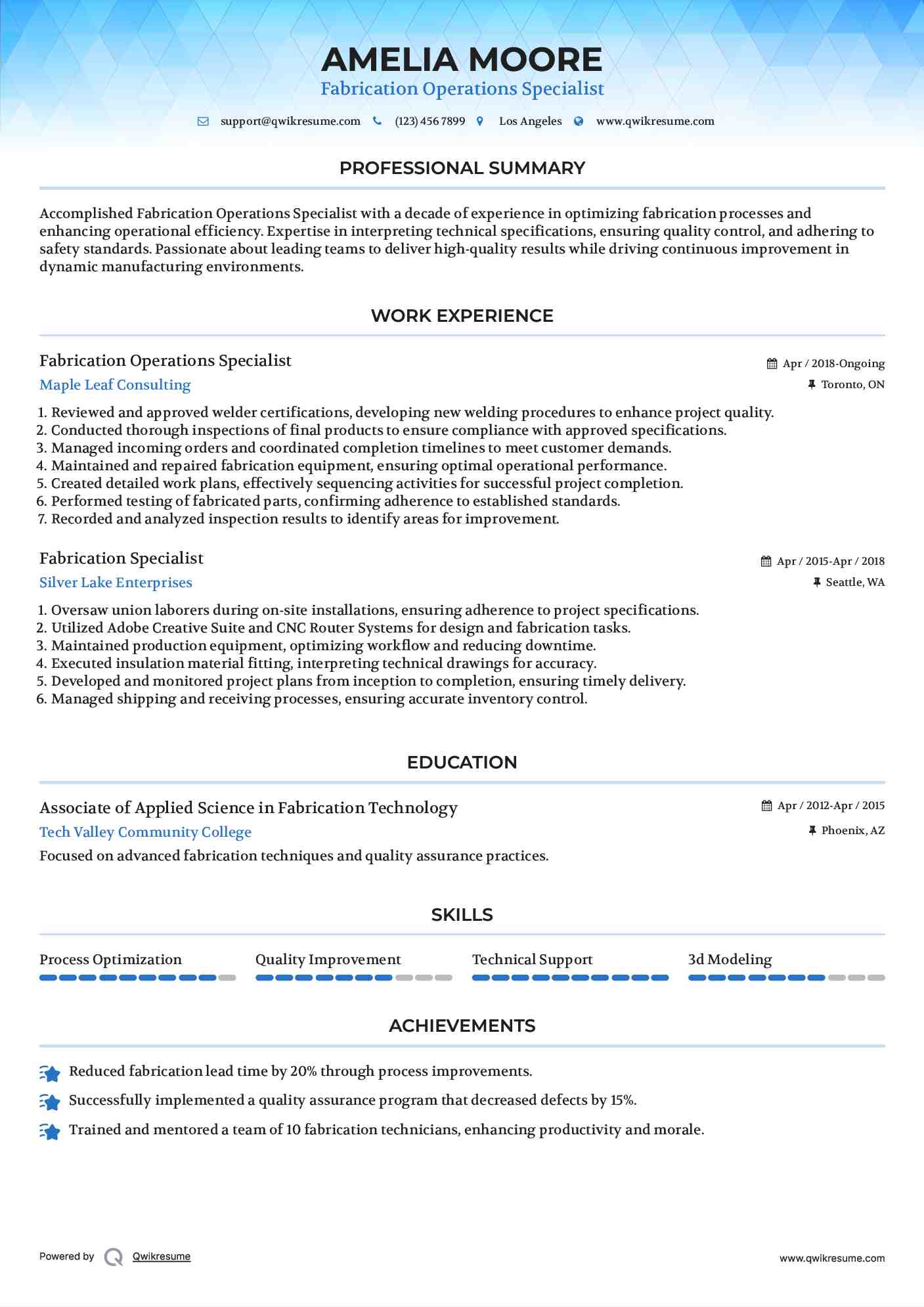 Fabrication Operations Specialist Resume Format