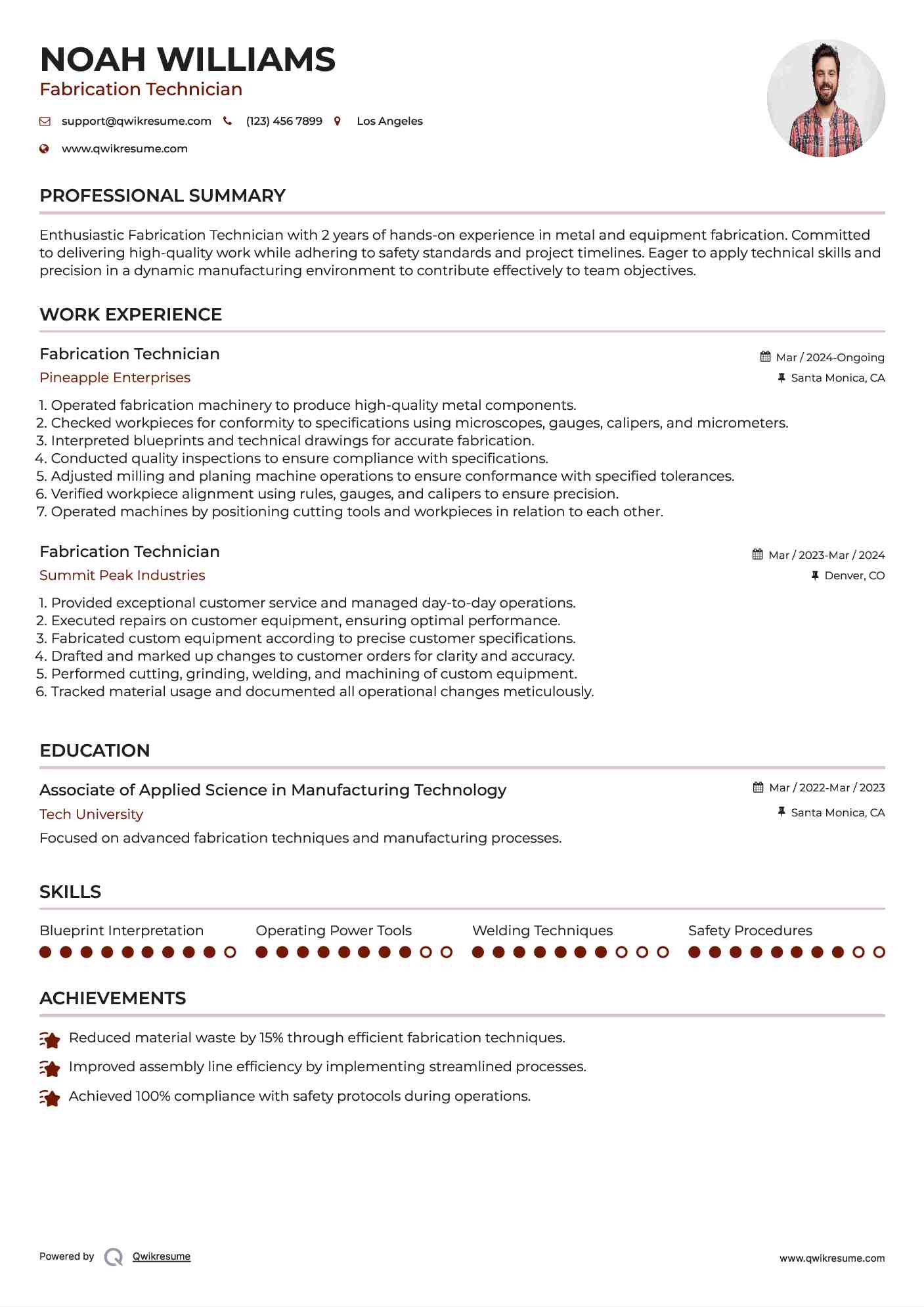 Fabrication Technician Resume Samples QwikResume