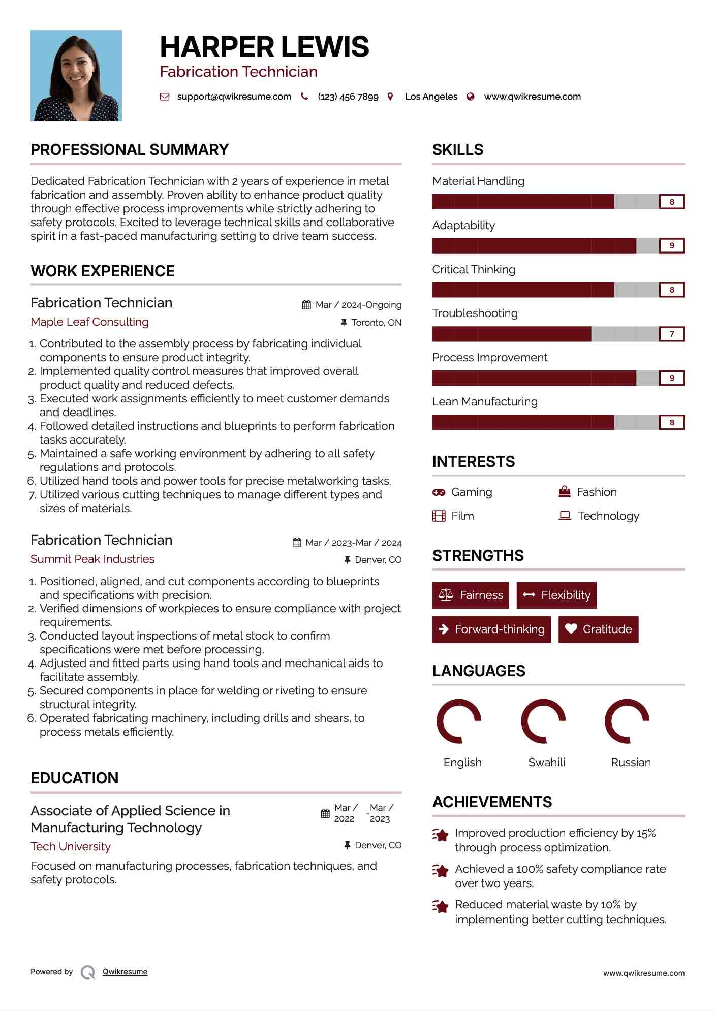 Fabrication Technician Resume Model